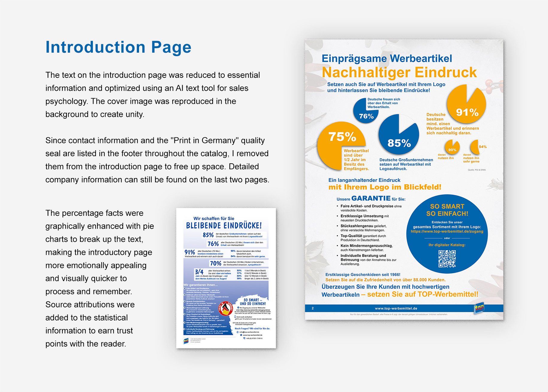 Introduction Page: The text on the introduction page was reduced to essential information and optimized using an AI text tool for sales psychology. The cover image was reproduced in the background to create unity. Since contact information and the "Print in Germany" quality seal are listed in the footer throughout the catalog, I removed them from the introduction page to free up space. Detailed company information can still be found on the last two pages. The percentage facts were graphically enhanced with pie charts to break up the text, making the introductory page more emotionally appealing and visually quicker to process and remember. Source attributions were added to the statistical information to earn trust points with the reader. [Picture of introduction page with infographic and new copy created with the help of chatGPT compared with previous intro page]