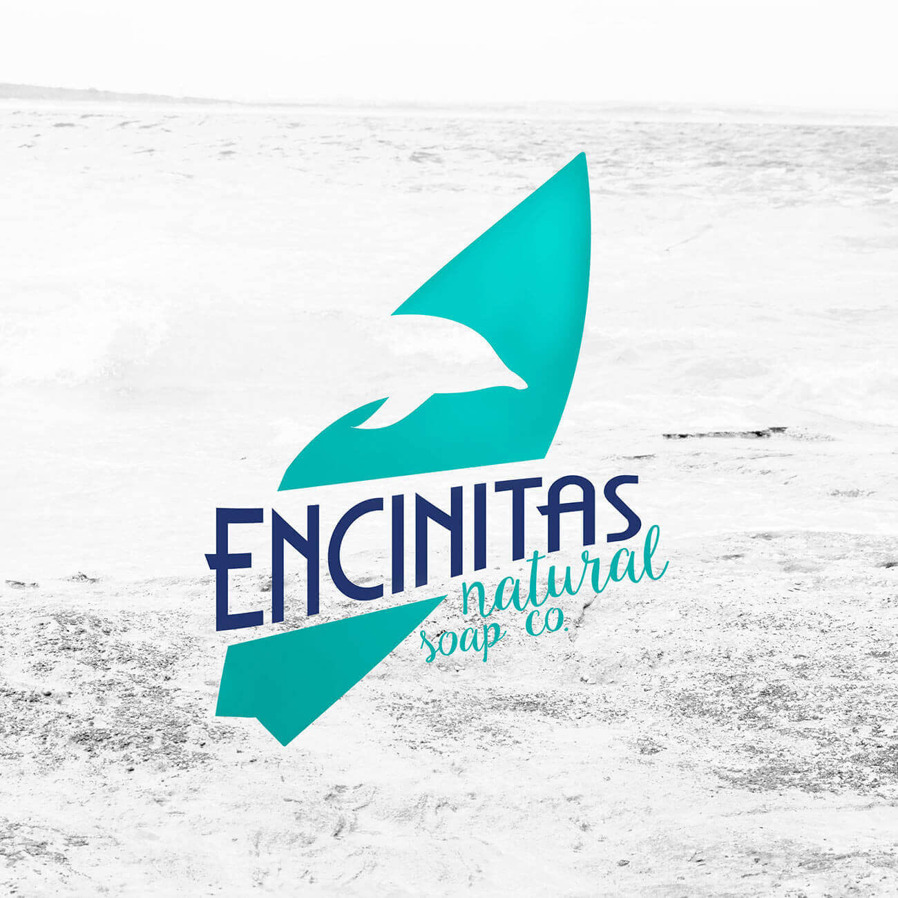 Soap company logo showing surfboard shape and dolphin.