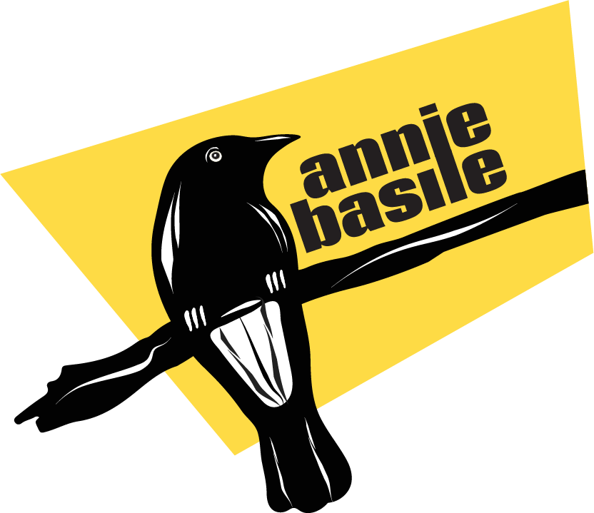 Logo for Annie Basile graphic design services showing an illustration of a currawong