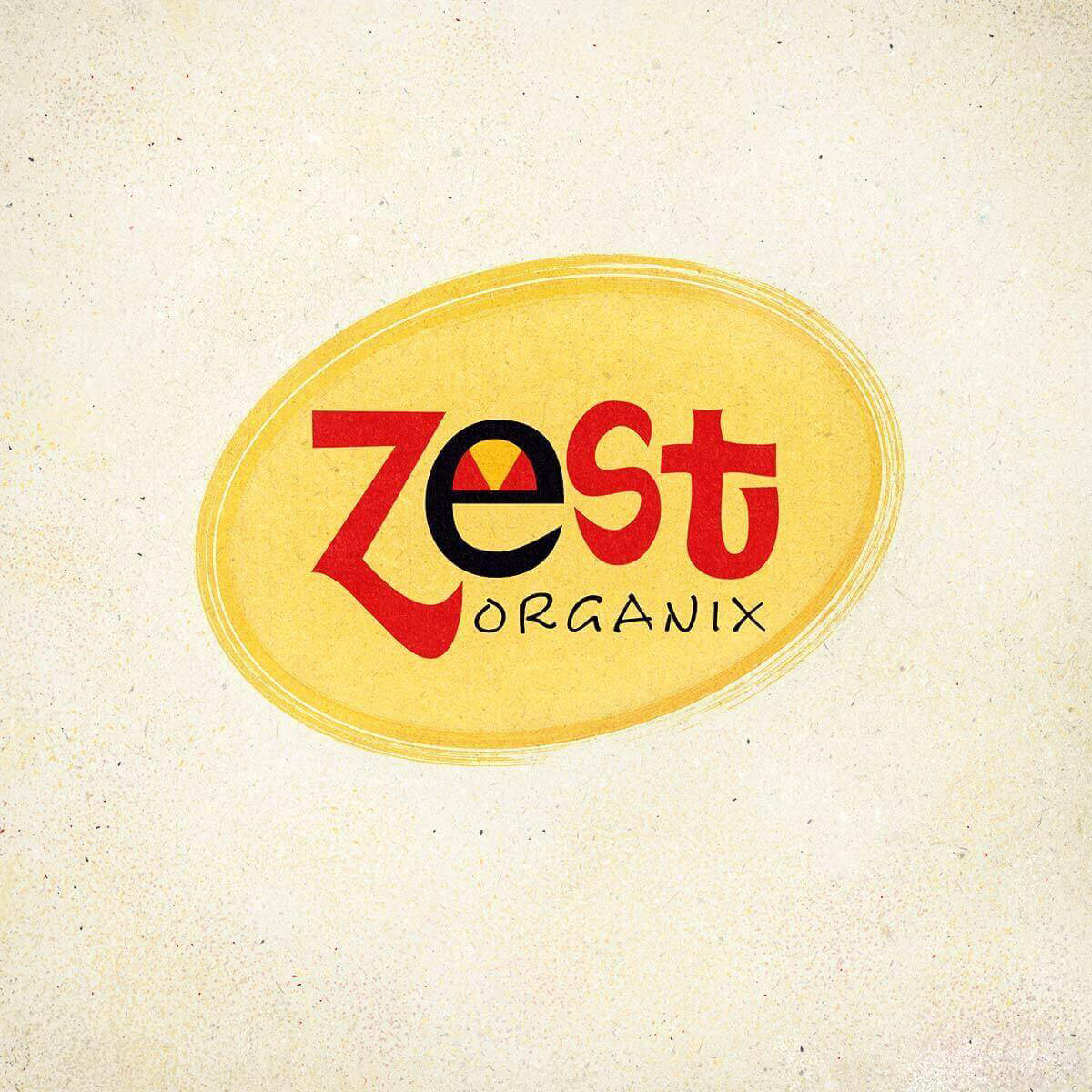 Yellow and red typographic logo for an organic fruit company