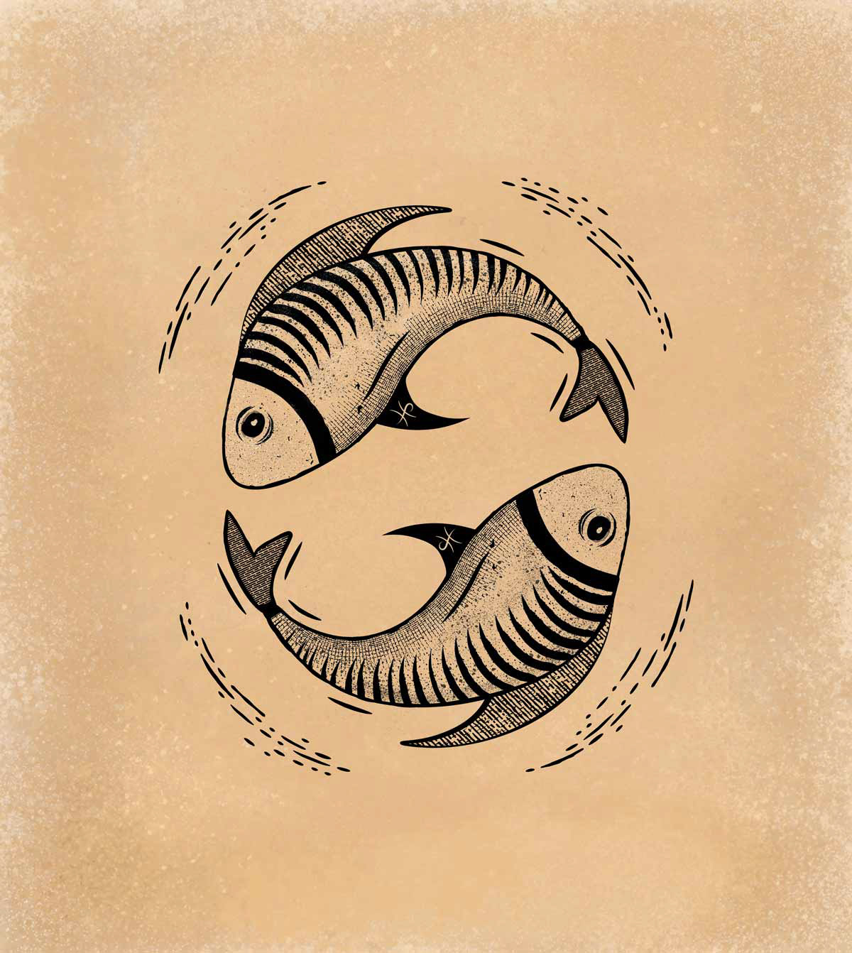 Pisces zodiac symbol in pen and ink style.