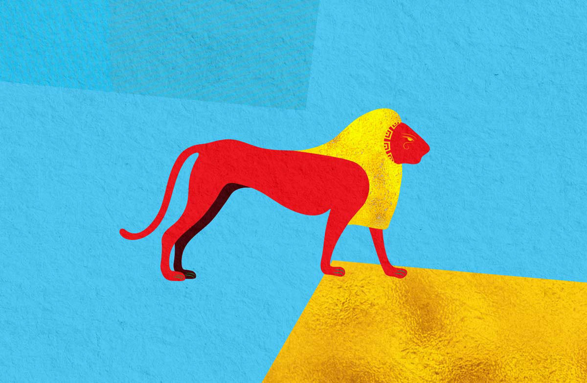 Bright pop art treatment of an ancient Egyptian lion.