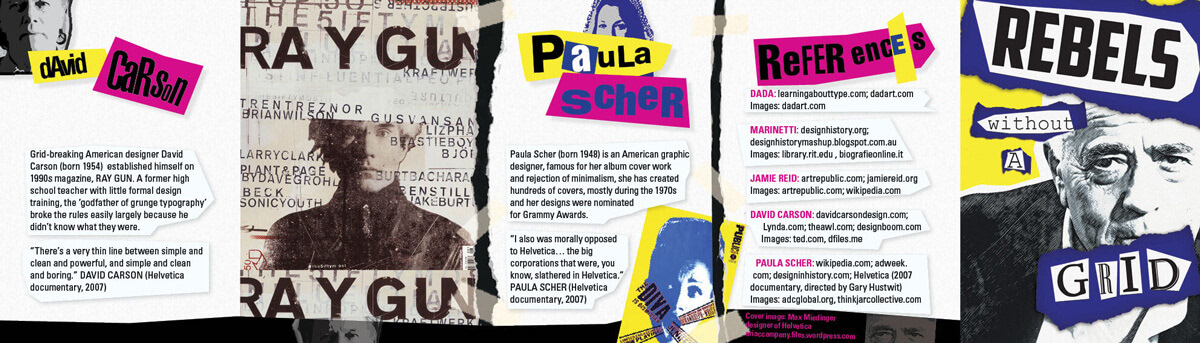 Punk stylbrochure layout using bright colours and ransom style text - section 1