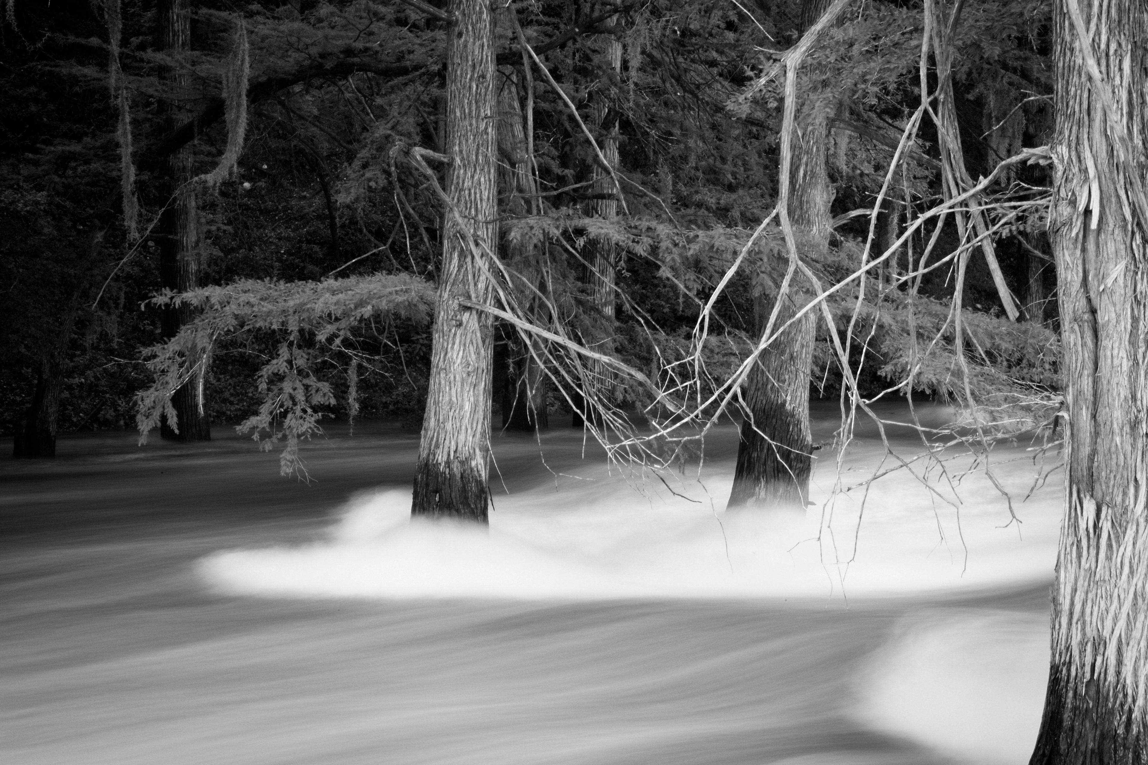 Long exposure having a calming effect on the raging flood waters. Gruene, TX.