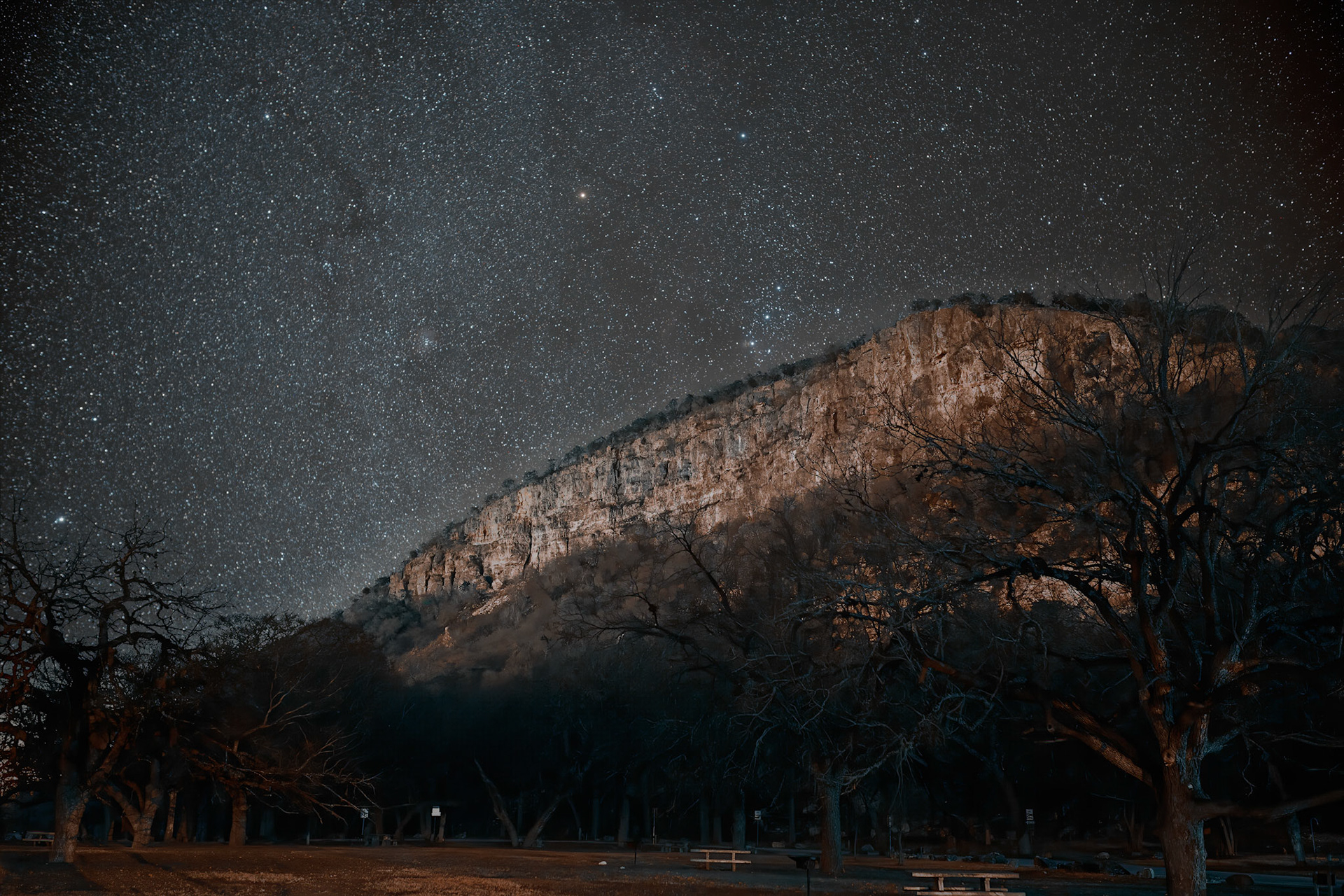 Texas stars shining bright over Mt. Baldy at Garner State Park.