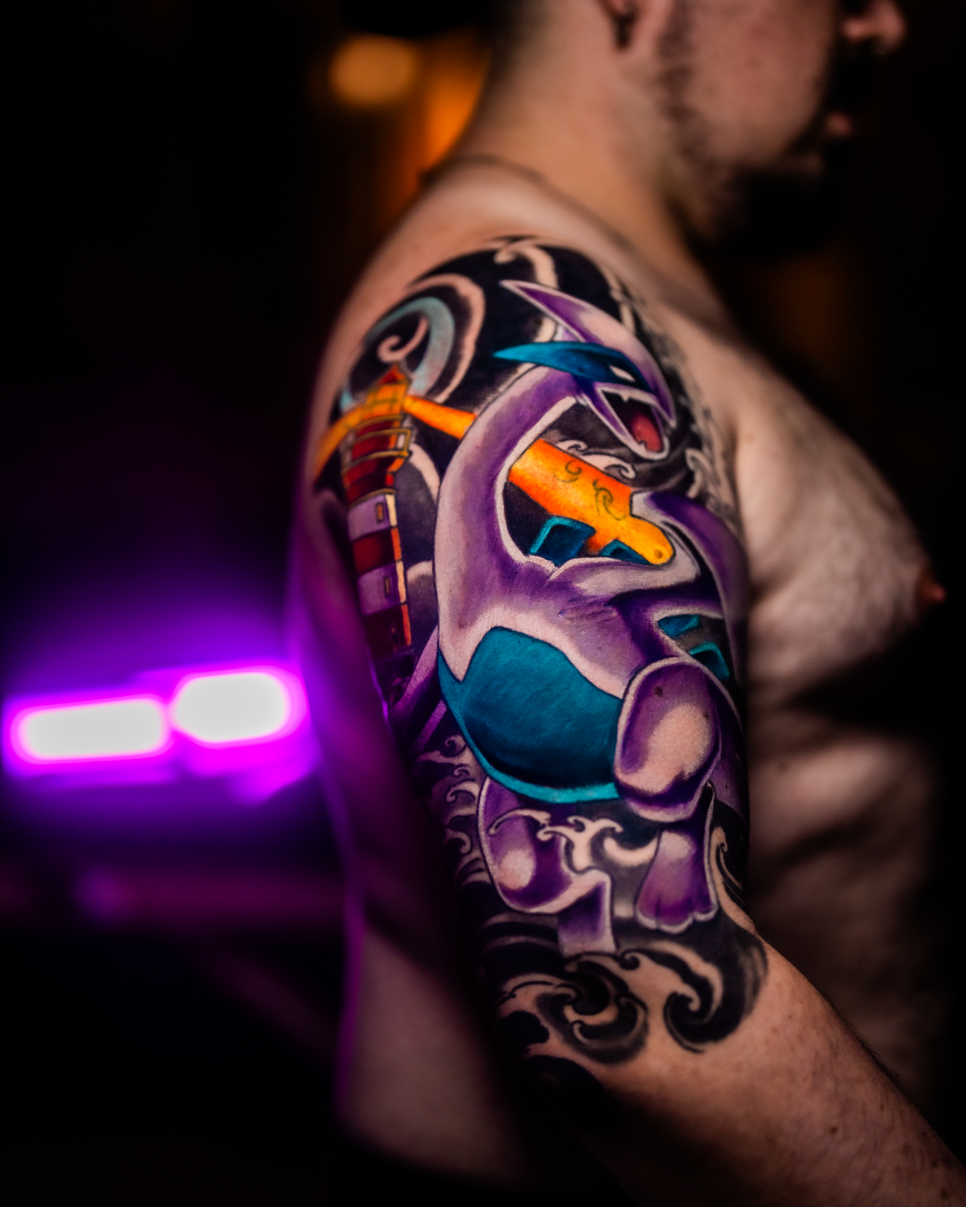 tatuagem neo trad oriental de pokemon, lugia