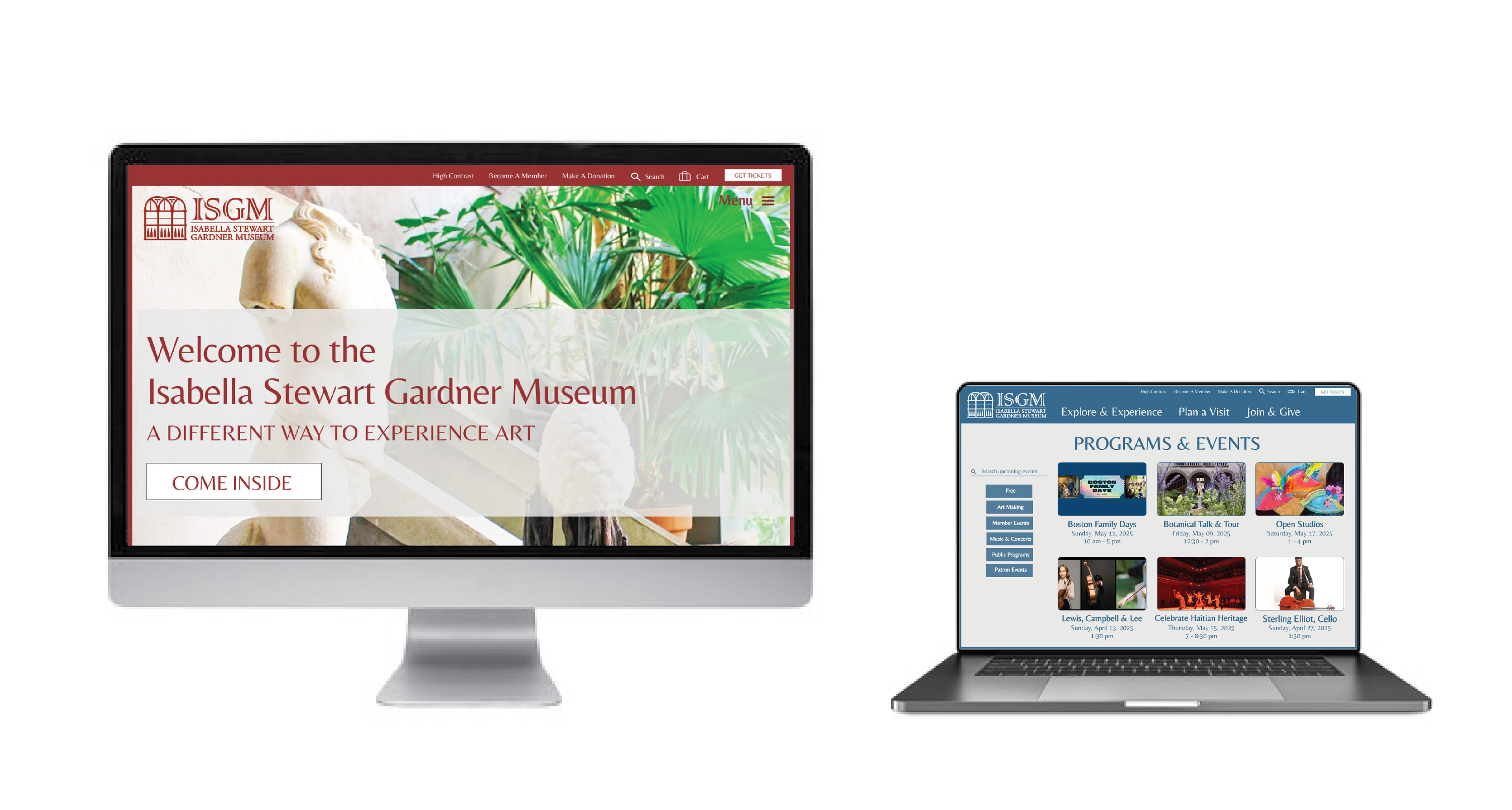 Redesigned website landing and internal pages featuring the updated Isabella Stewart logo and branding by Wendy Steckler Designs.