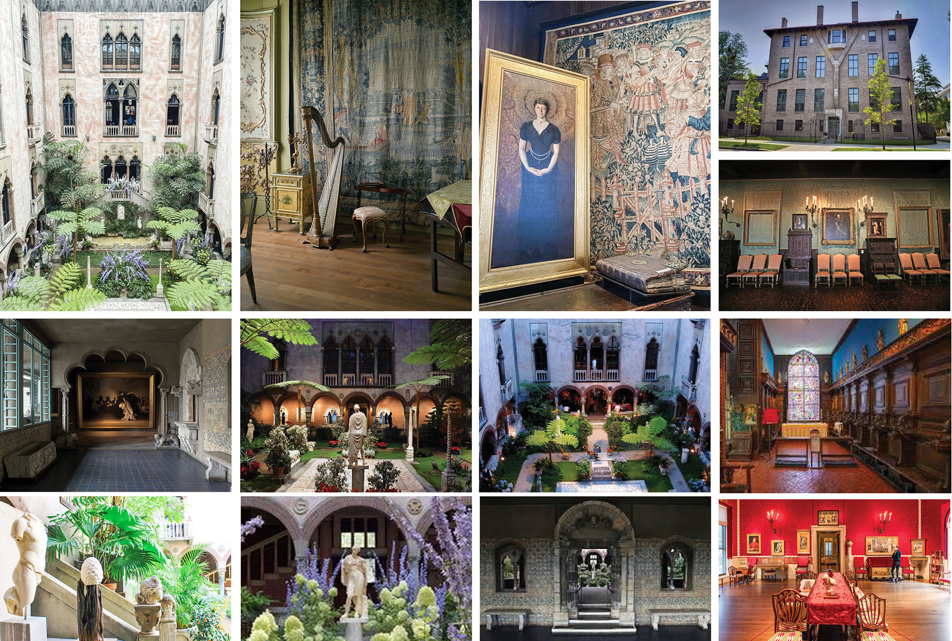 Various views of the interior and exterior of Isabella Stewart Gardner Museum