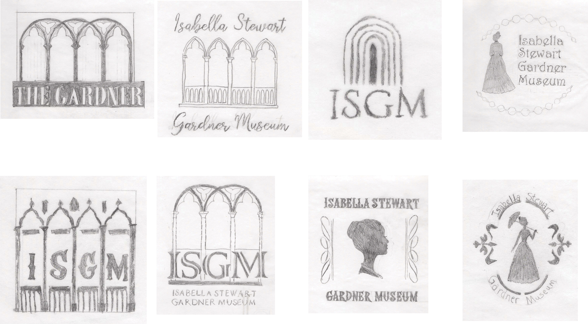 Series of hand drawn designs for updated Isabella Stweart Gardner Museum Logos by Wendy Steckler Designs