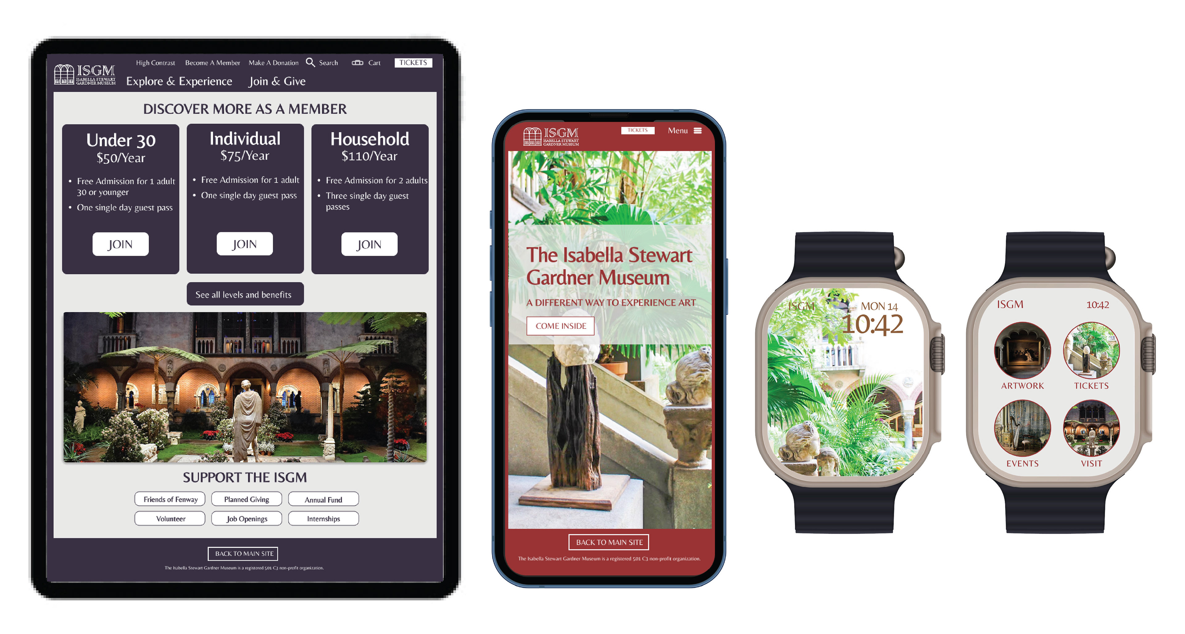 Redesigned website page on Apple ipad, landing page on iphone and app interface for Apple watch featuring the updated Isabella Stewart Gardner Museum branding and logo by Wendy Steckler Designs
