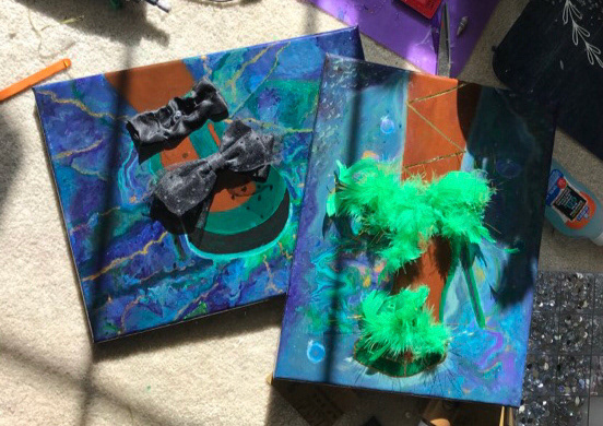 multimedia pieces for a shoe lover, furnished with an old hair tie and craft items