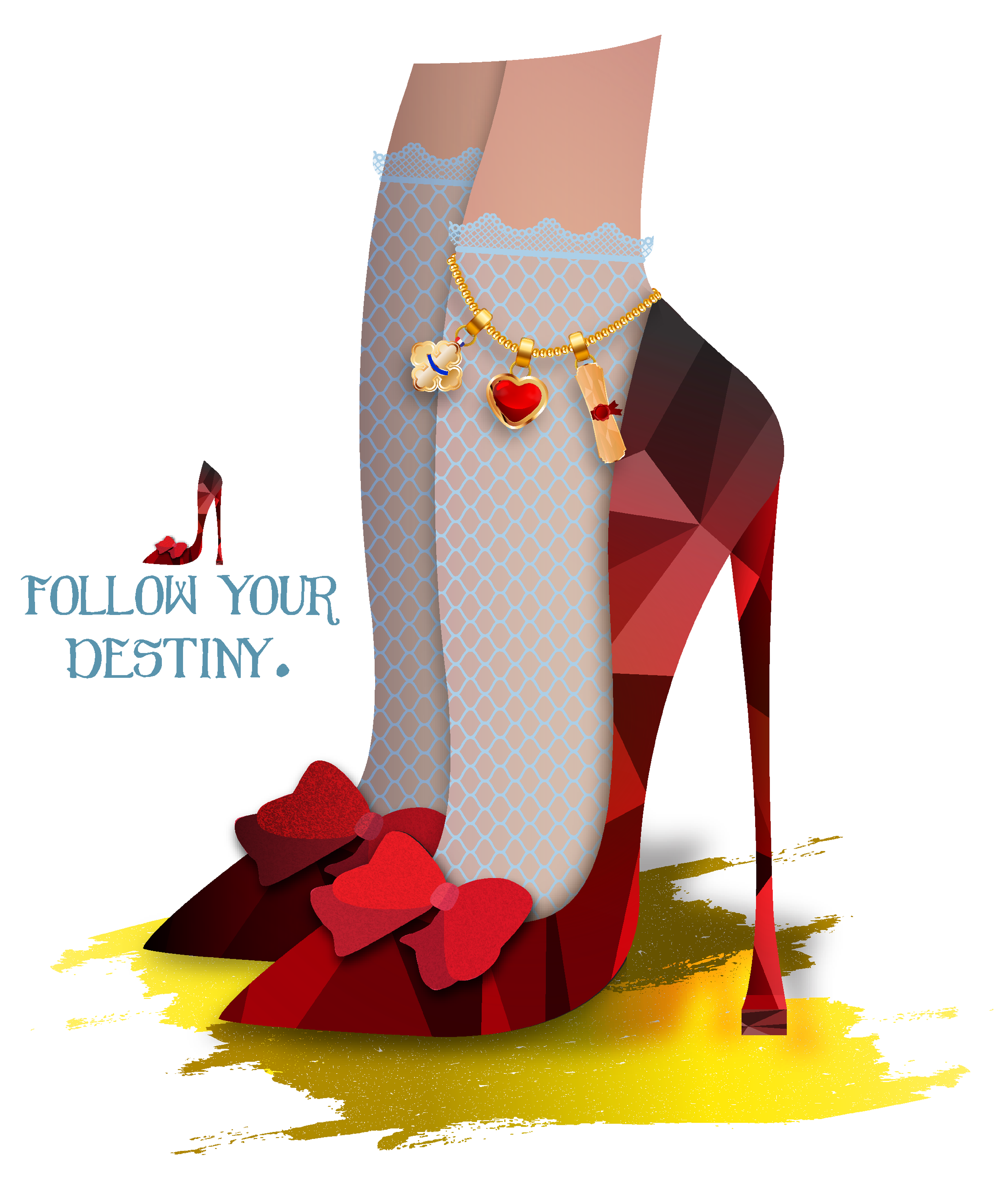 A fan of Wizard of Oz, I illustrated a modern ruby heel for Dorthy. The Charm bracelet symbolizes the friends she gained along the way, A metal of courage for the Lion, a heart for the Tin Man, and a Diploma (brains) for the Scarecrow.  This piece was created in Adobe Illustrator. 