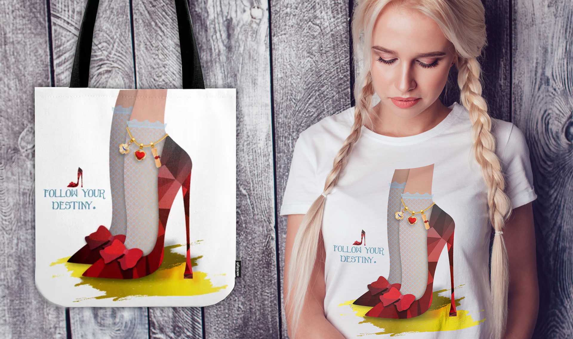 A fan of Wizard of Oz, I illustrated a modern ruby heel for Dorthy. The Charm bracelet symbolizes the friends she gained along the way, A metal of courage for the Lion, a heart for the Tin Man, and a Diploma (brains) for the Scarecrow.  This piece was created in Adobe Illustrator. 