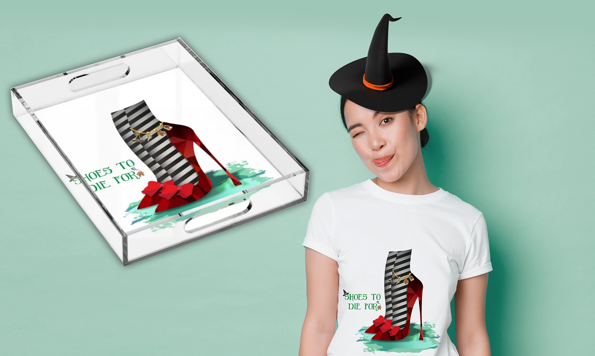 A fan of Wizard of Oz, I illustrated a modern ruby heel for the Wicked Witch. The Charm bracelet symbolizes her wickedness, her pointy witch hat,  the tornado which was her sister's demise,  the house that fell on her sister, and the crystal ball she used.   This piece was created in Adobe Illustrator.