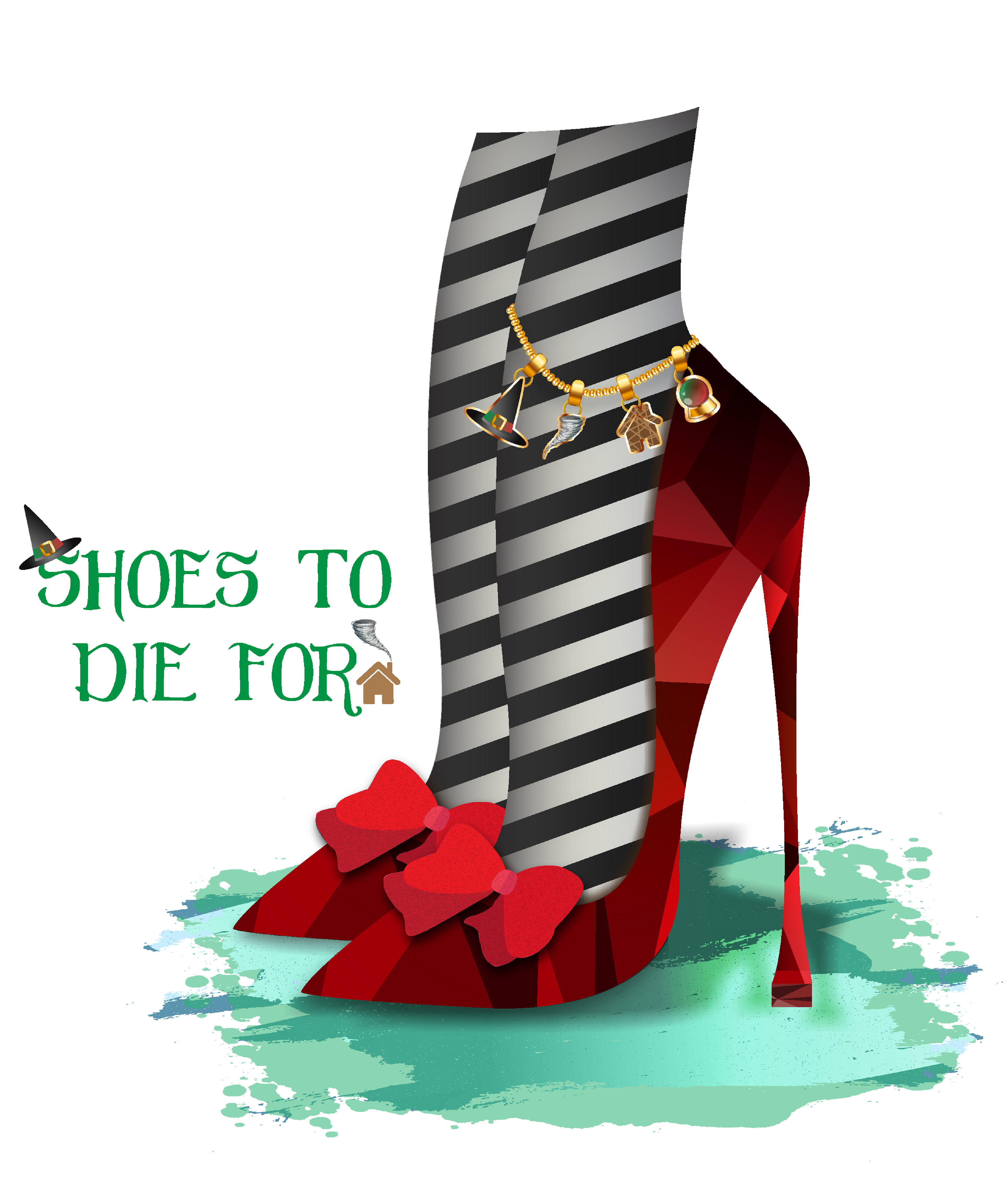 A fan of Wizard of Oz, I illustrated a modern ruby heel for the Wicked Witch. The Charm bracelet symbolizes her wickedness, her pointy witch hat,  the tornado which was her sister's demise,  the house that fell on her sister, and the crystal ball she used.   This piece was created in Adobe Illustrator.