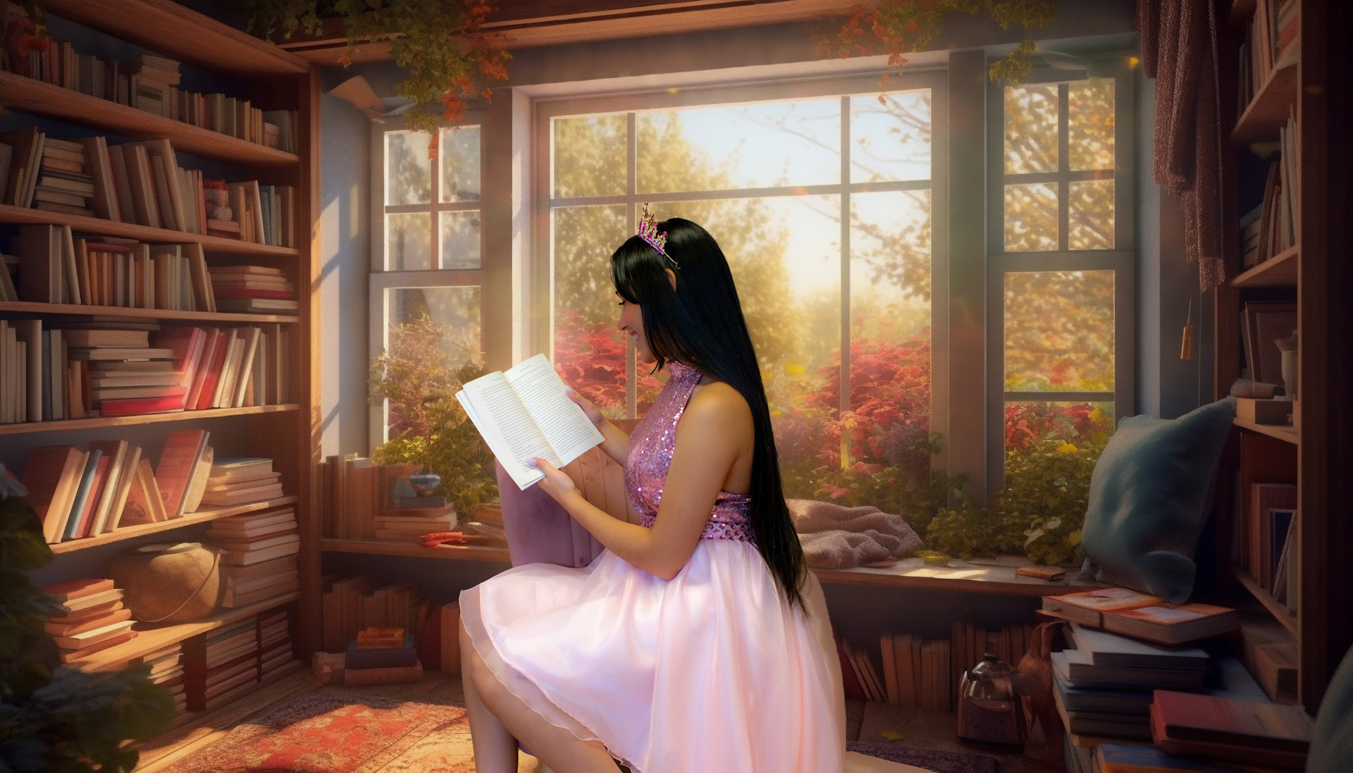 Comfortable modern living room with bookshelf decor generated by artificial intelligence