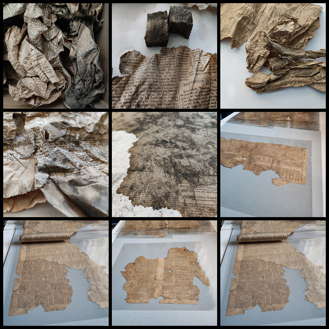 These newspapers from the 19th century were discovered by new homeowners during a renovation. The newspapers, though of relatively poor quality, exhibited brittleness and a yellowed appearance due to their age and some staining. They were incomplete, torn, brittle, discoloured, and had developed mould and mildew. They had experienced damage and deterioration that are typical of artifacts from that era. At some point in their history, they had been stored in a folded manner, resulting in heavy creases and further soiling. The images illustrate the condition of the newspapers both before and after undergoing conservation treatment.