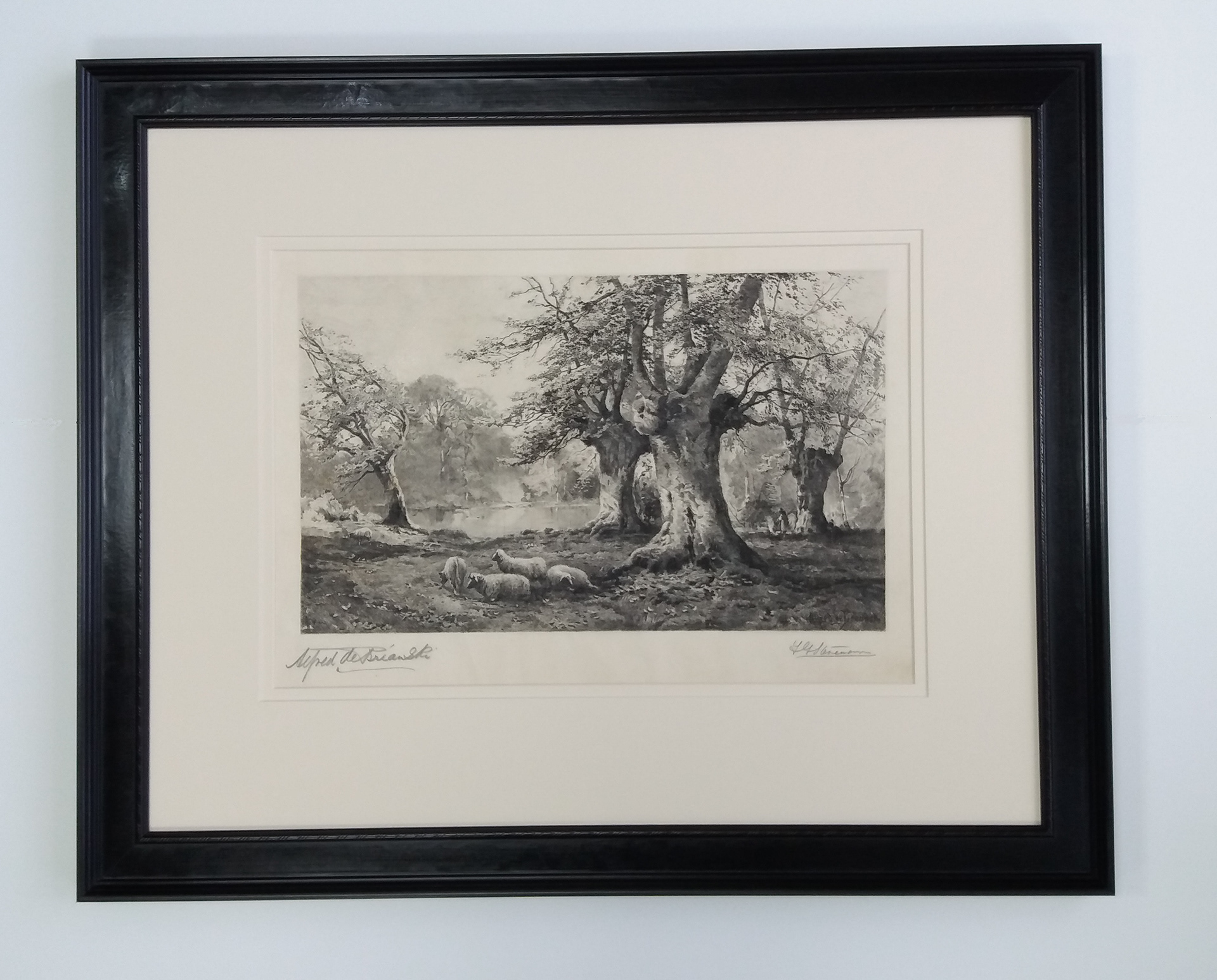 Overall image showing mounted and framed print: The etching after a painting titled Burnham Beeches originally painted by Alfred de Breanski