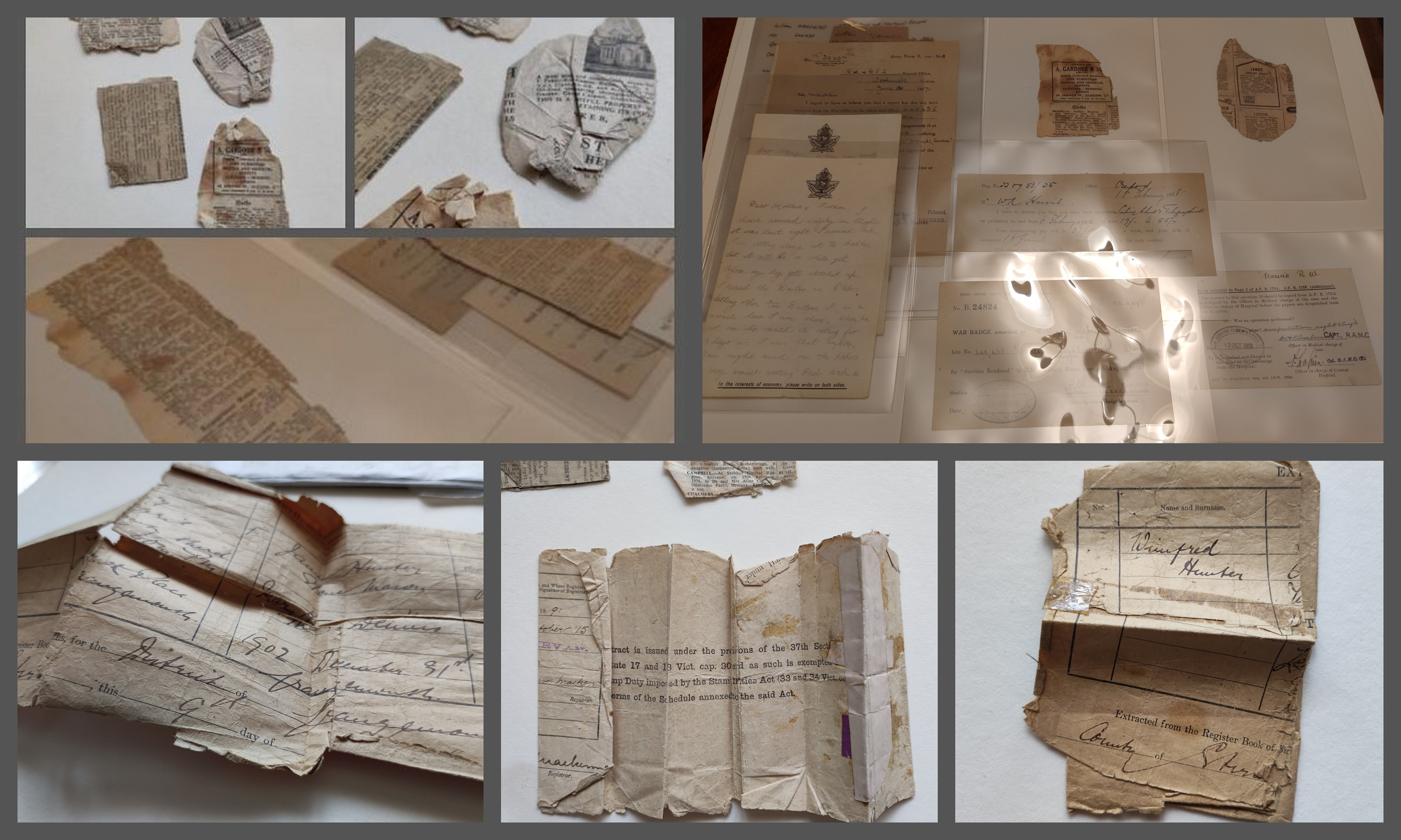 Collage of the images showing the details of the family documents condition before and after conservation