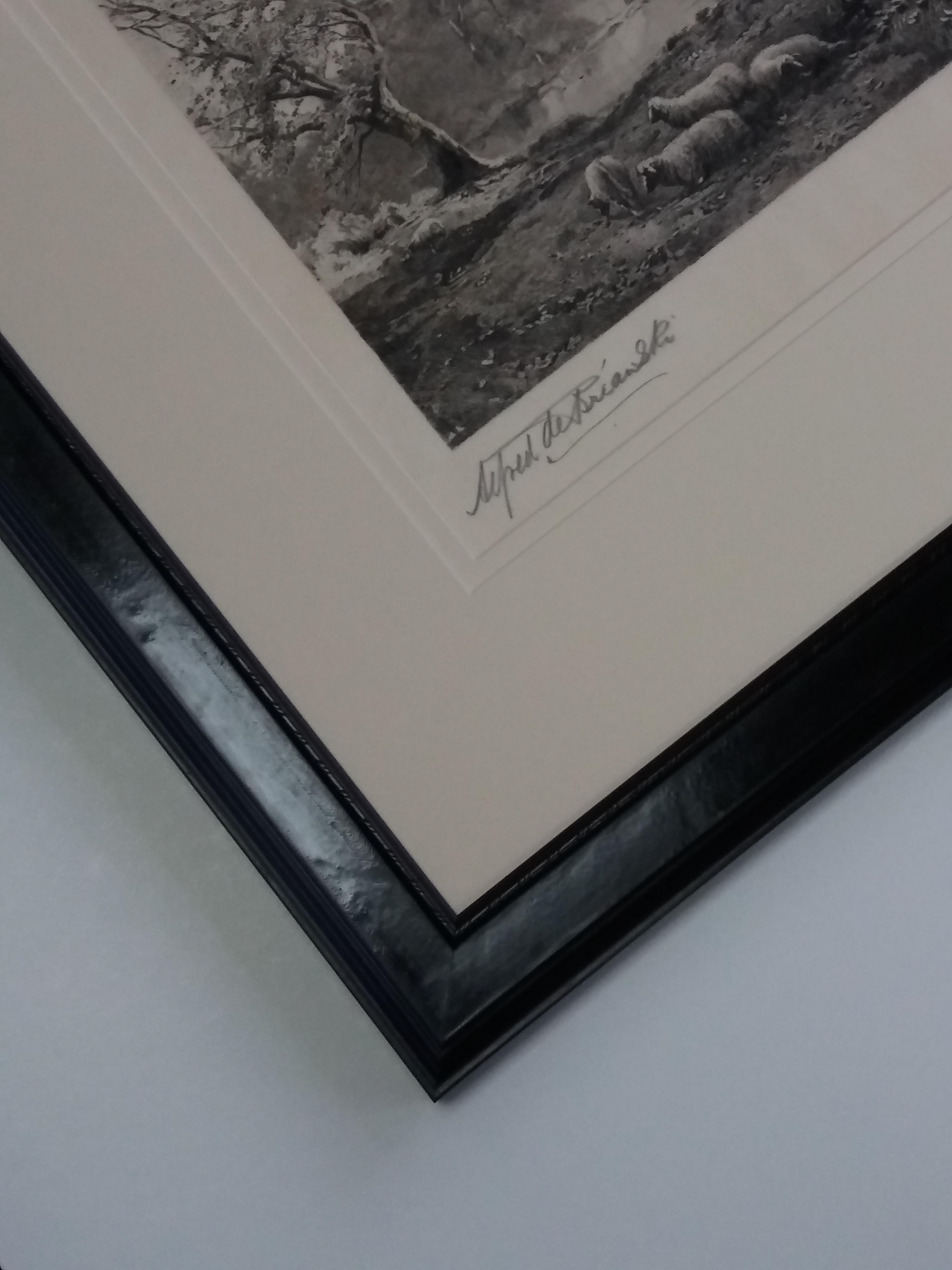 Detail of the framed print: The etching after a painting titled Burnham Beeches originally painted by Alfred de Breanski