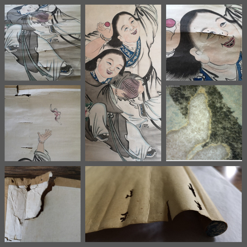 Portrait of two Man musicians dancers – the scroll painting - Collage of the images showing the details of the scroll condition before and after conservation