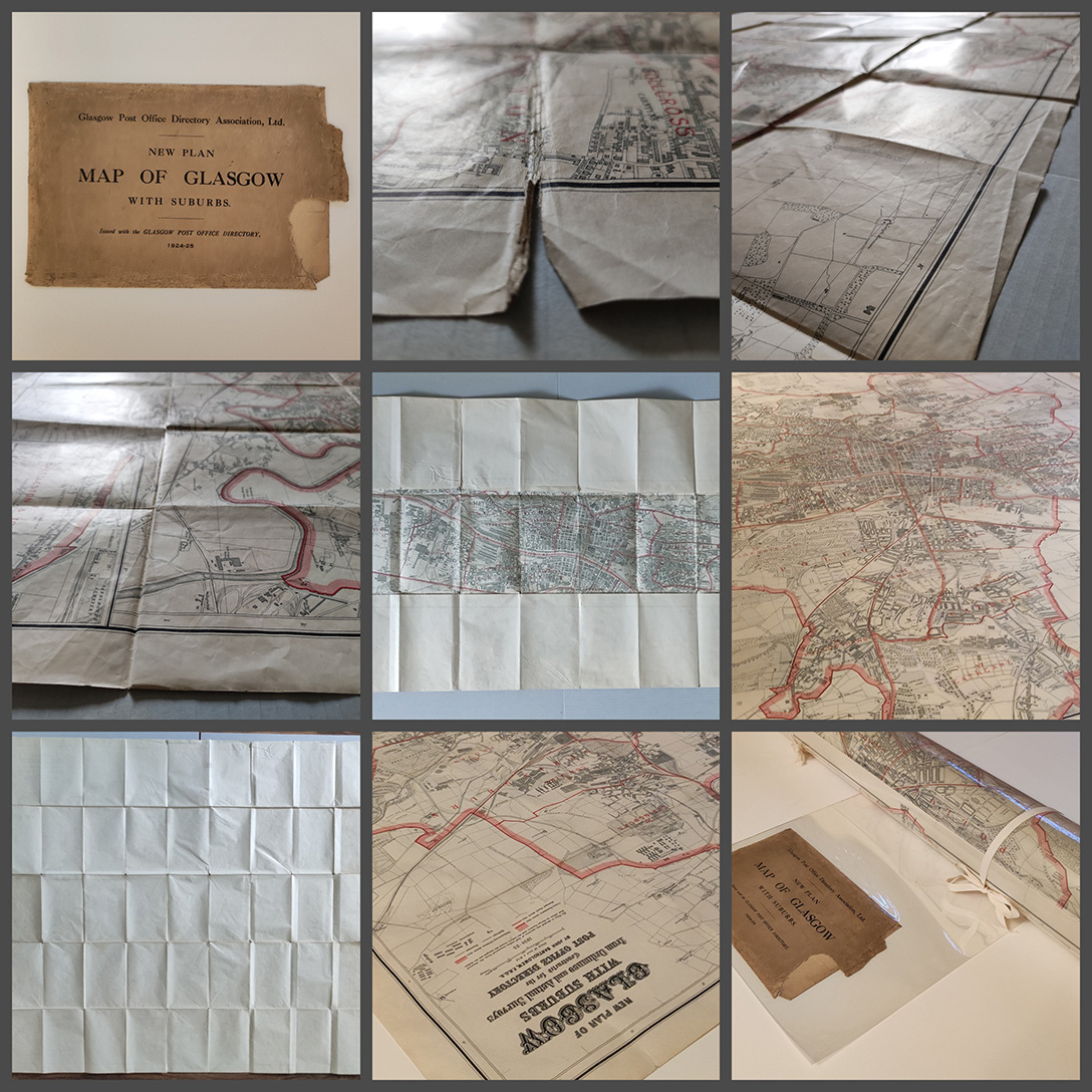 A collage of images illustrates the condition of the map's folding lines before and after conservation.