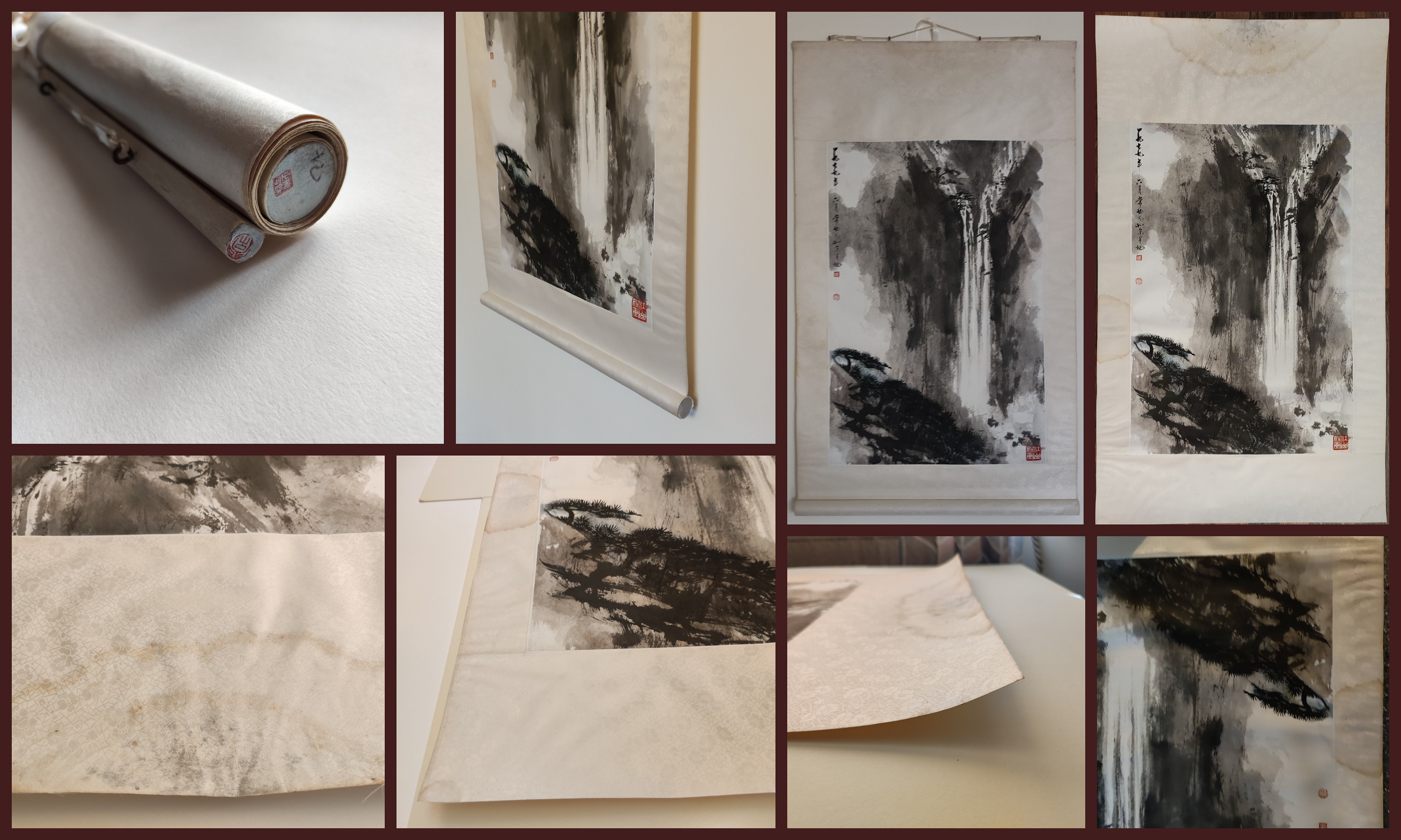 Collage of the images showing the details of the contemporary scroll condition before and after conservation