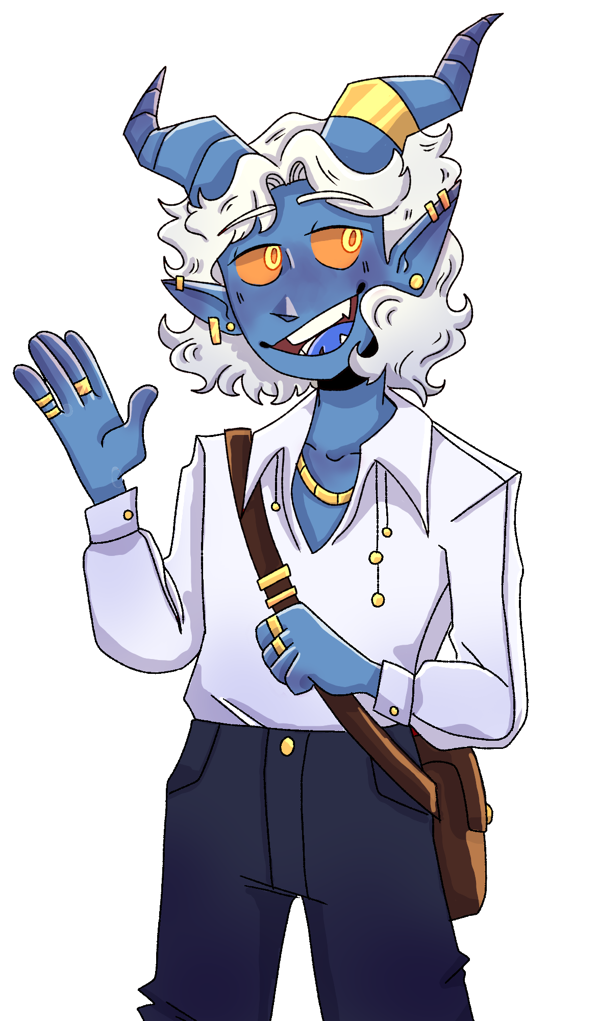 Character design commission. client asked for a blue tiefling with golden accents and shoulder length white hair
