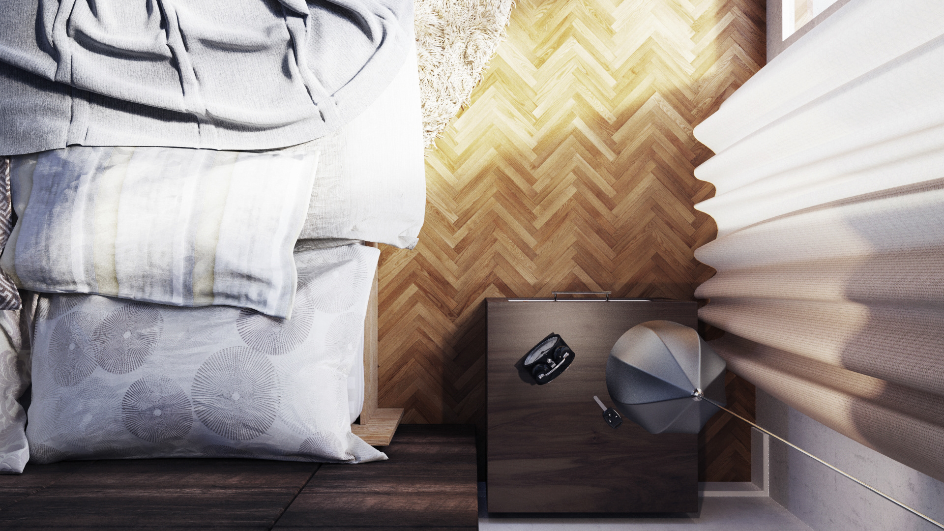 Visualização em 3D de quarto para produto de revestimento.