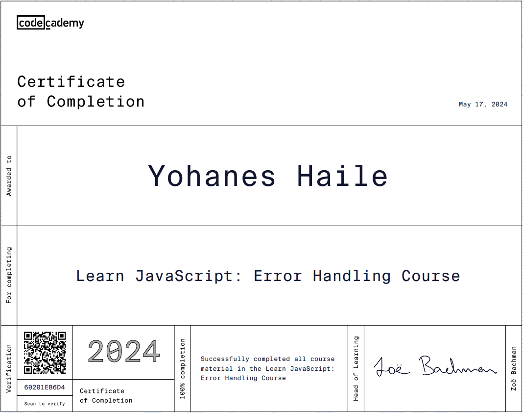 Learn JavaScript - Error Handling Codecademy Course