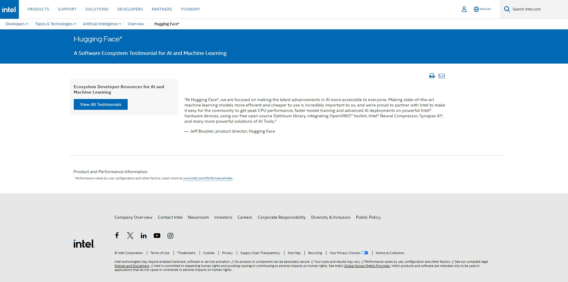 Testimonial page for Hugging Face