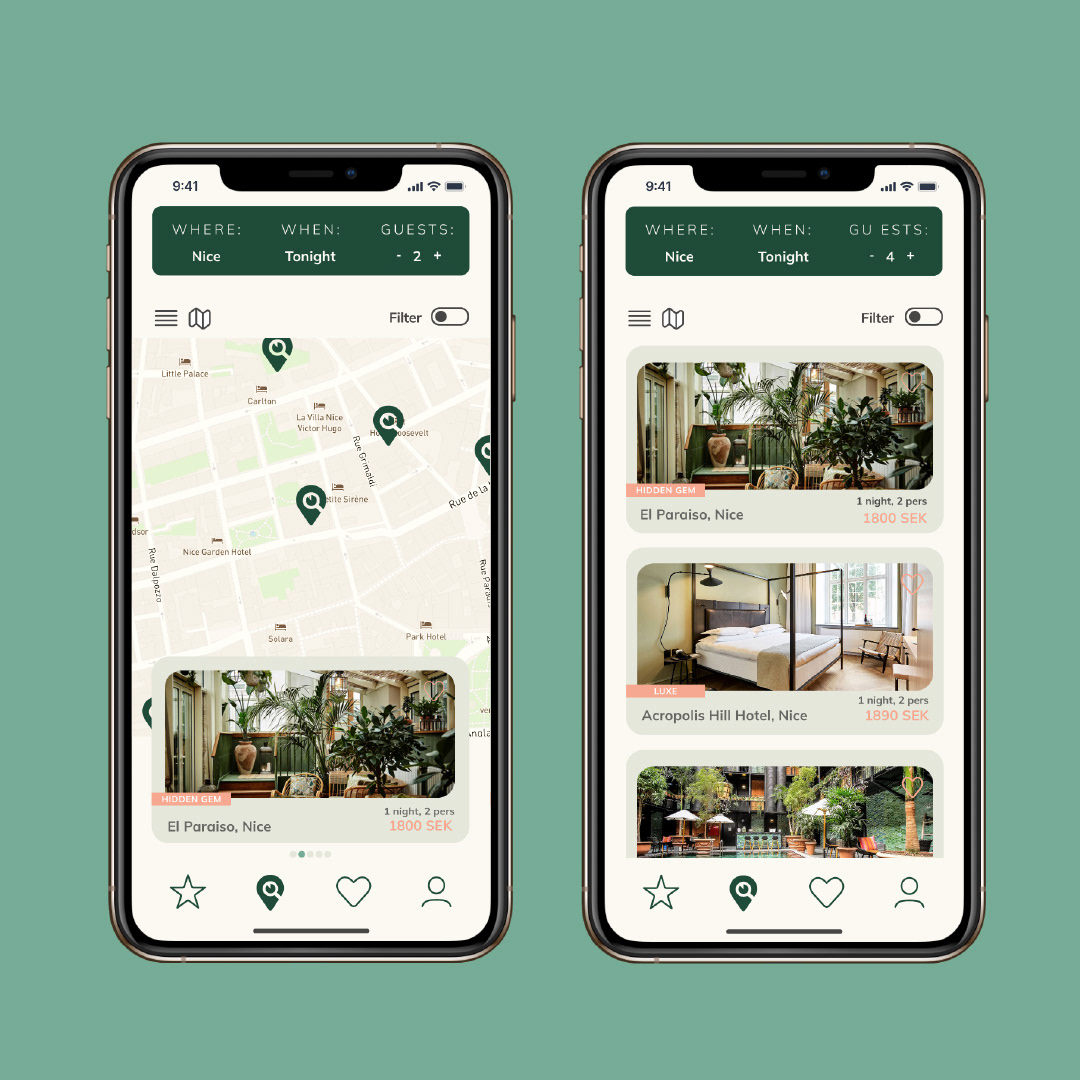 Hotel options screen: map view and hotel view