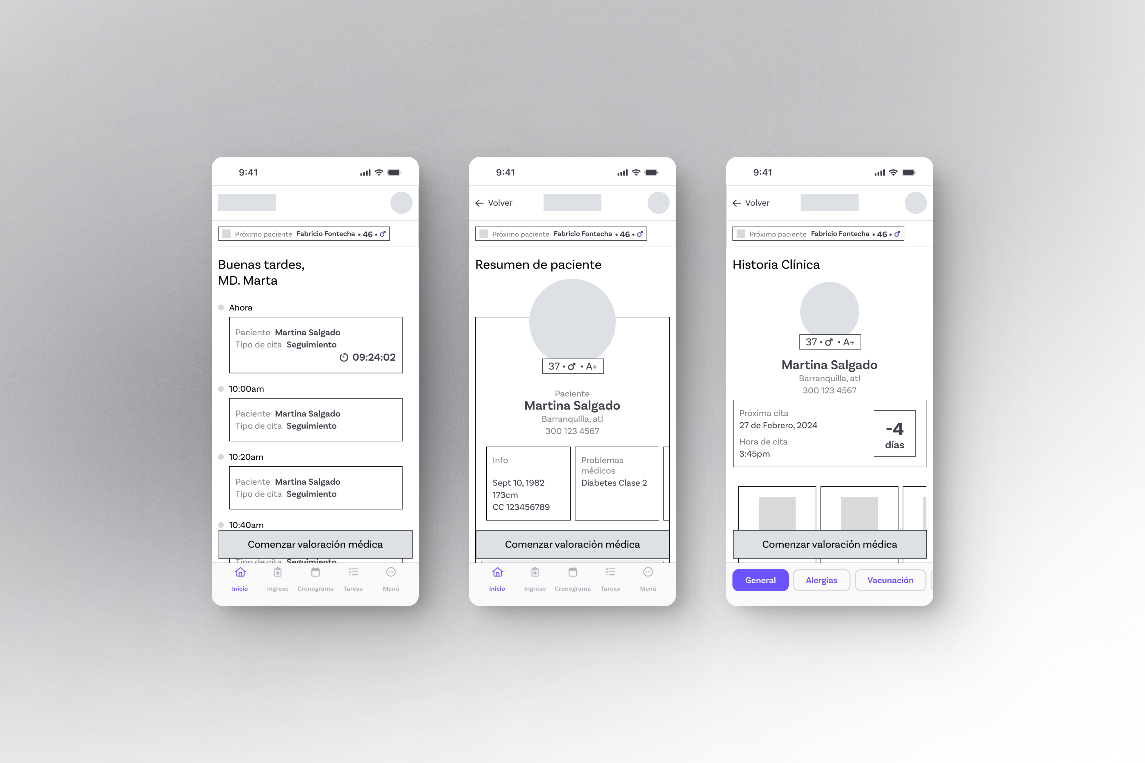 Wireframe de la sección historia clínica y detalles del paciente - Versión Mobile
