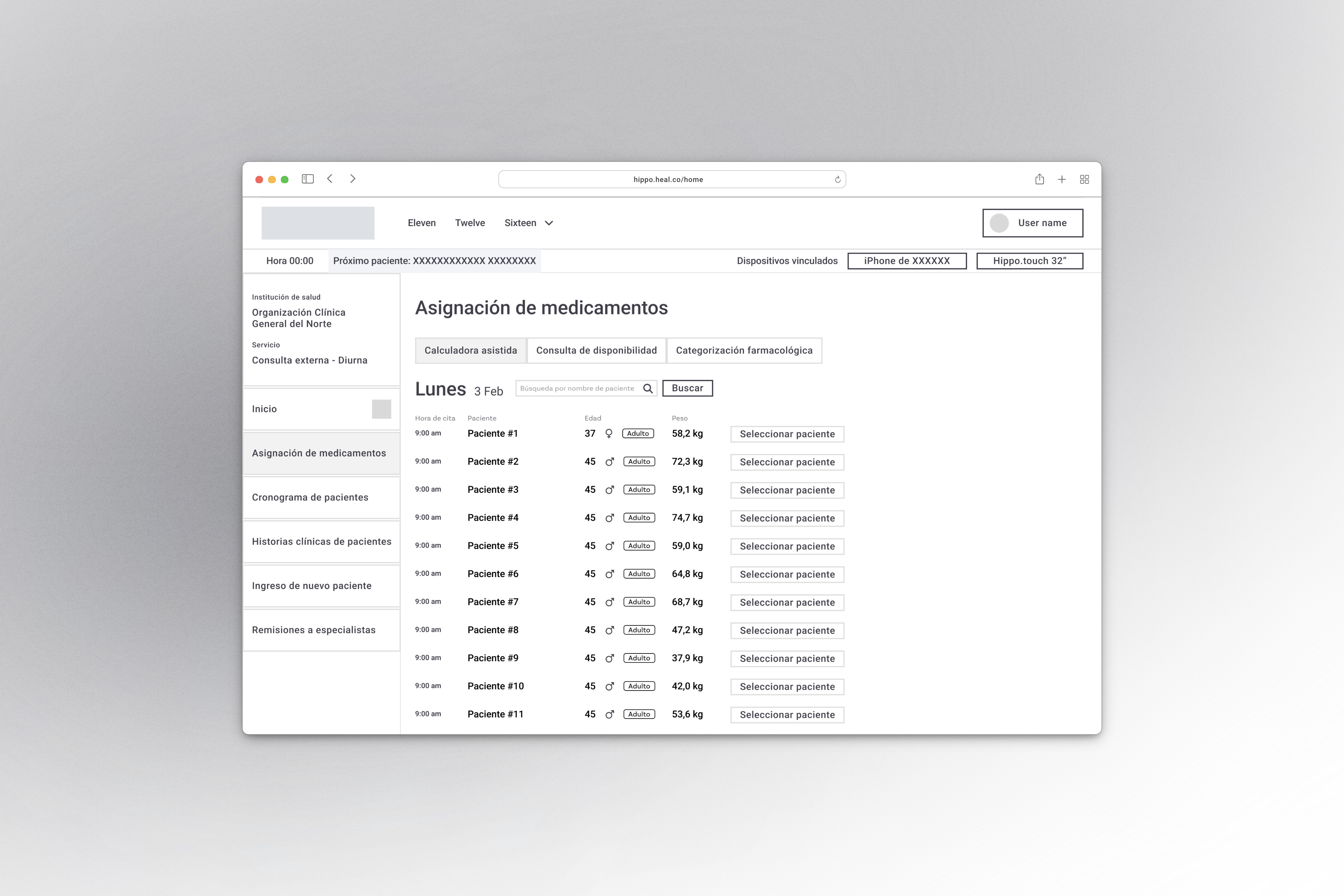 Wireframe de la sección de Asignación de medicamentos - Versión Desktop