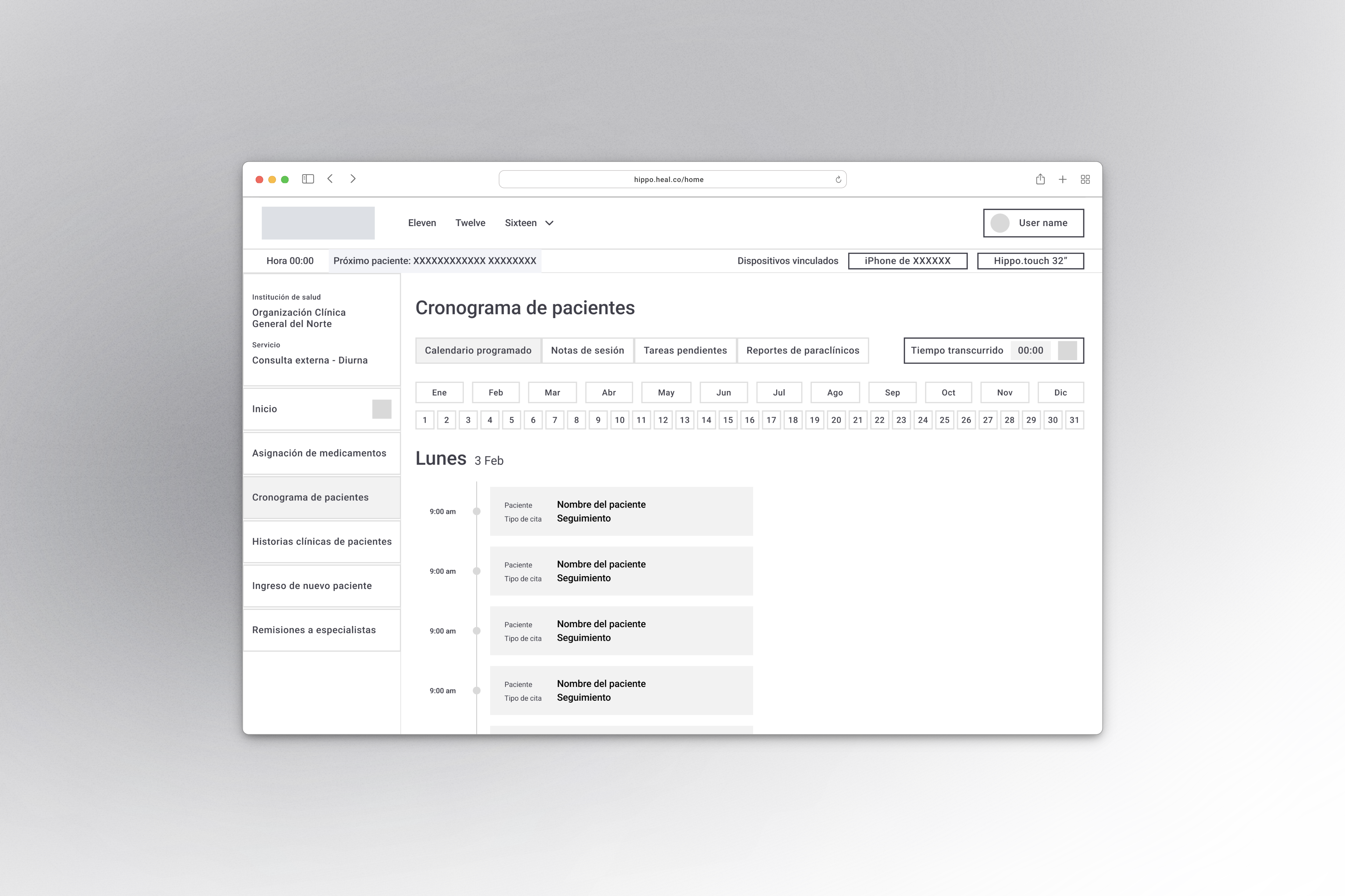 Wireframe de la sección de Cronograma de pacientes - Versión Desktop