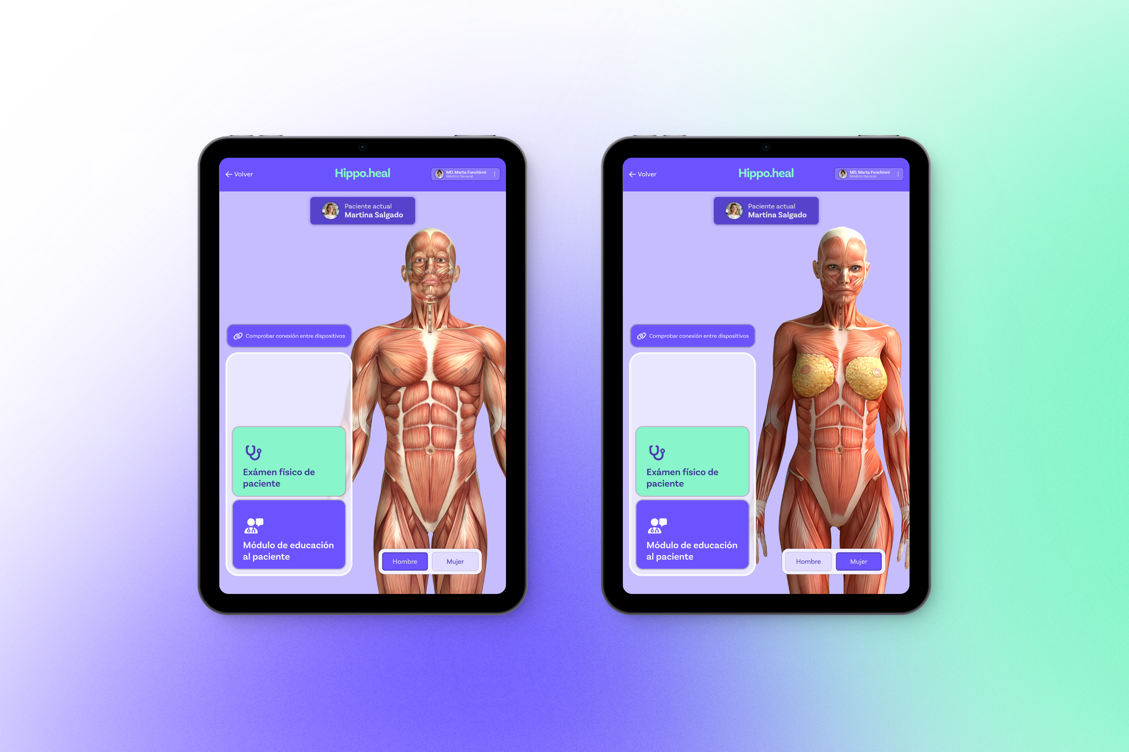 Interfaz inicial del dispositivo con opciones de configuración por Hombre/Mujer y módulo de educación al paciente (Modelos 3D del cuerpo humano) - Versión TouchScreen
