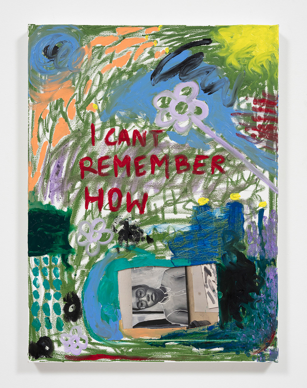 I Can’t Remember How 2020. Oil, oil stick and inkjet print on canvas, 31 1/2 x 23 5/8 inches (80 x 60 cm)