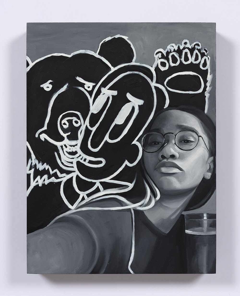 Him, Me, and Minimum the Bear  2020. Oil on panel, 15 3/4 x 11 3/4 inches (40 x 30 cm)