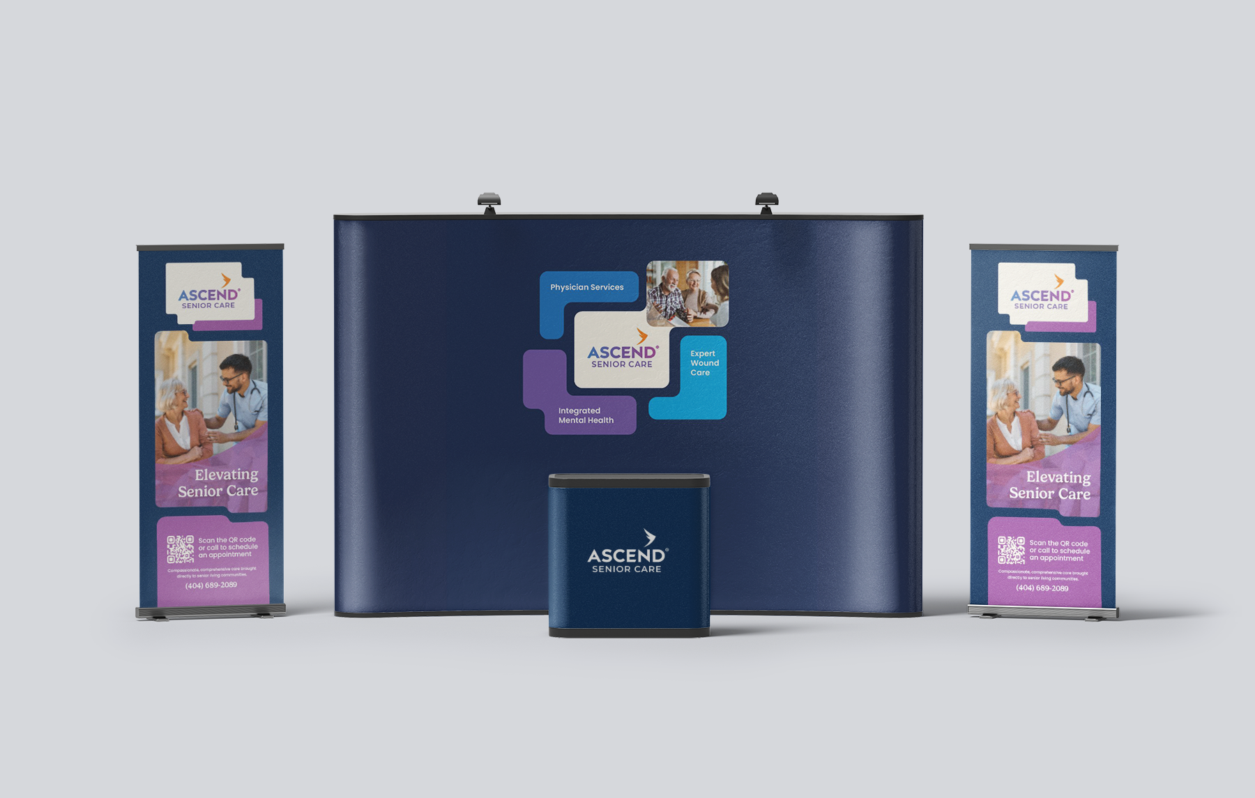 Trade show booth design for Senior Care. Banner, tablecloth and pull-up banners