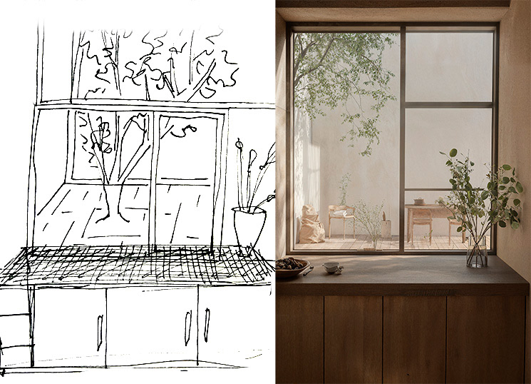 Fra skitse til visualisering – fotorealistisk interiørbillede til private boligprojekter, Mathilde Olsen Visuals