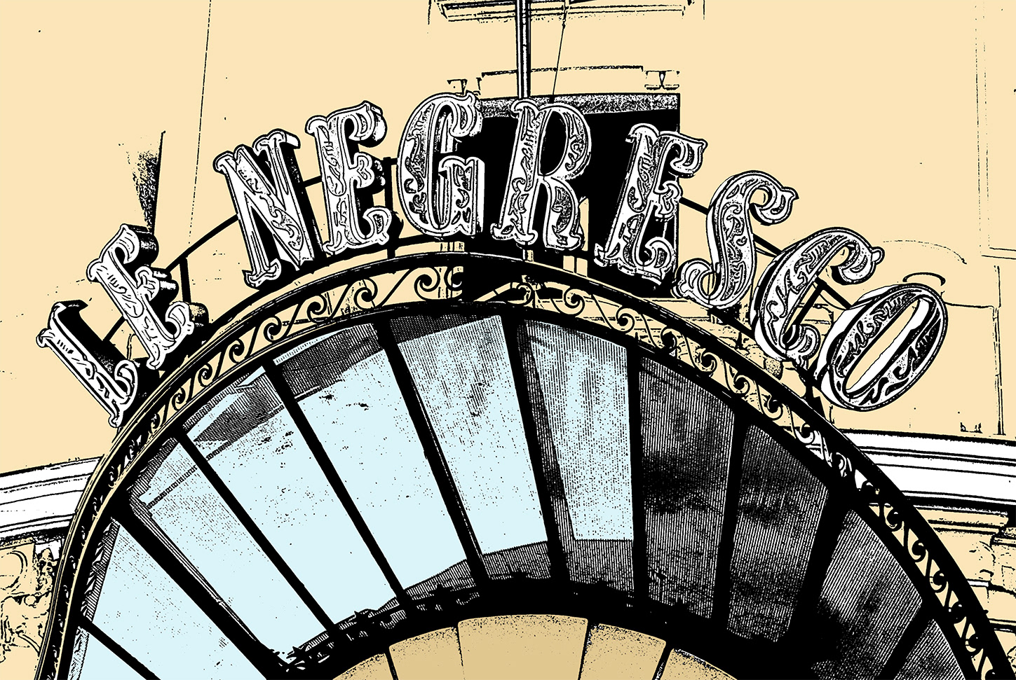 Fine art photograph of the Negresco hotel signage in Nice with architectural details and soft blue glass tones in a minimalist urban composition