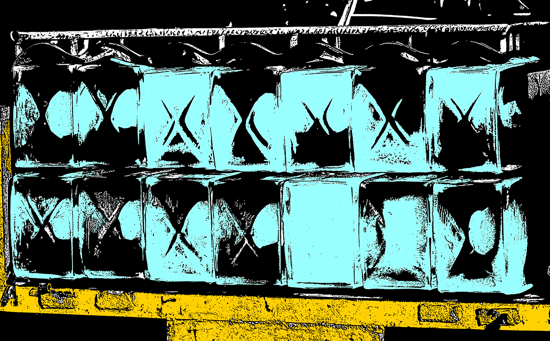 Fine art graphic print of stacked ice blocks in Cambodia, designed as an abstract geometric composition in turquoise, yellow, black and white.