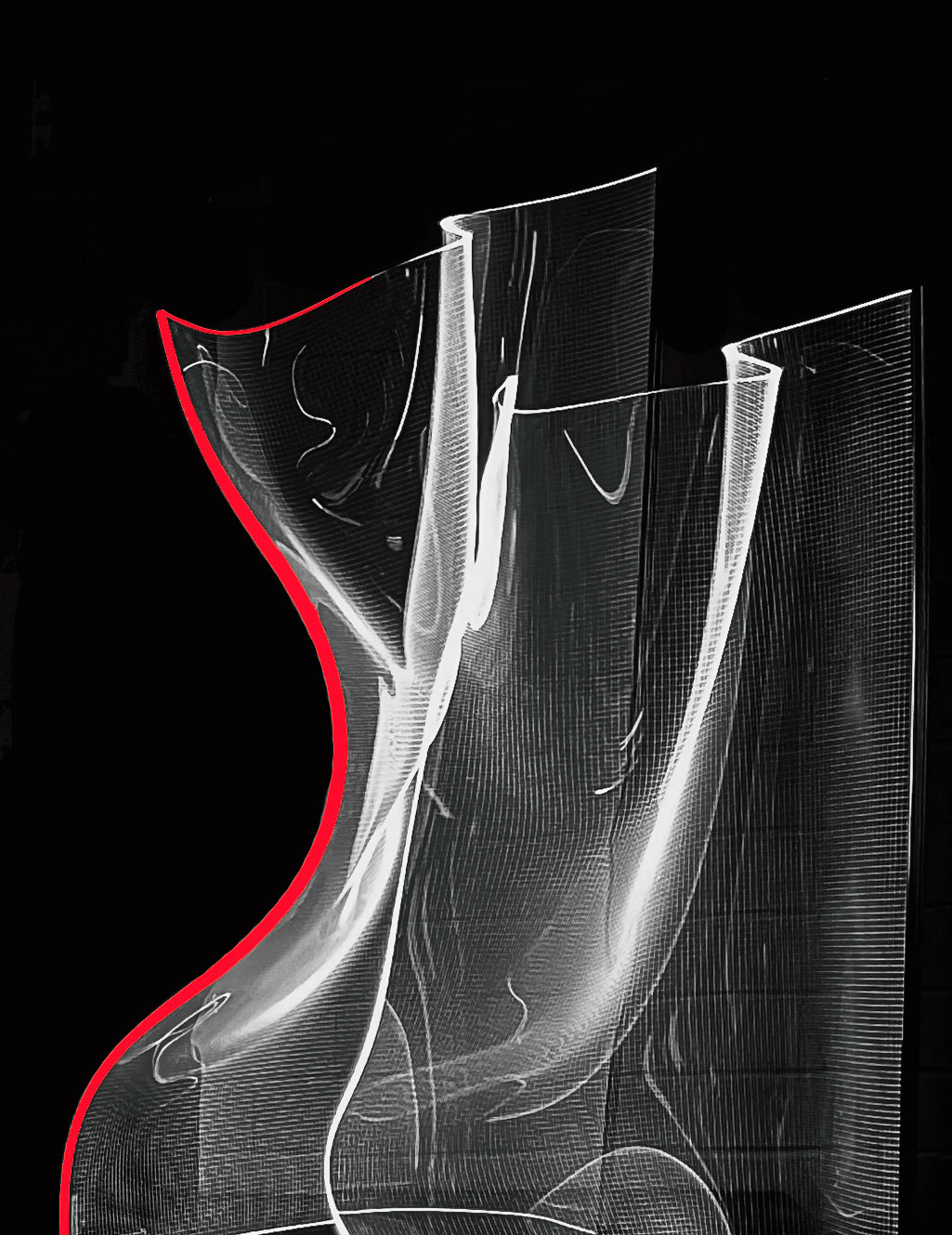 Abstract black and white photograph of a glass vase with a red accent line, minimalist fine art composition captured in Berlin.