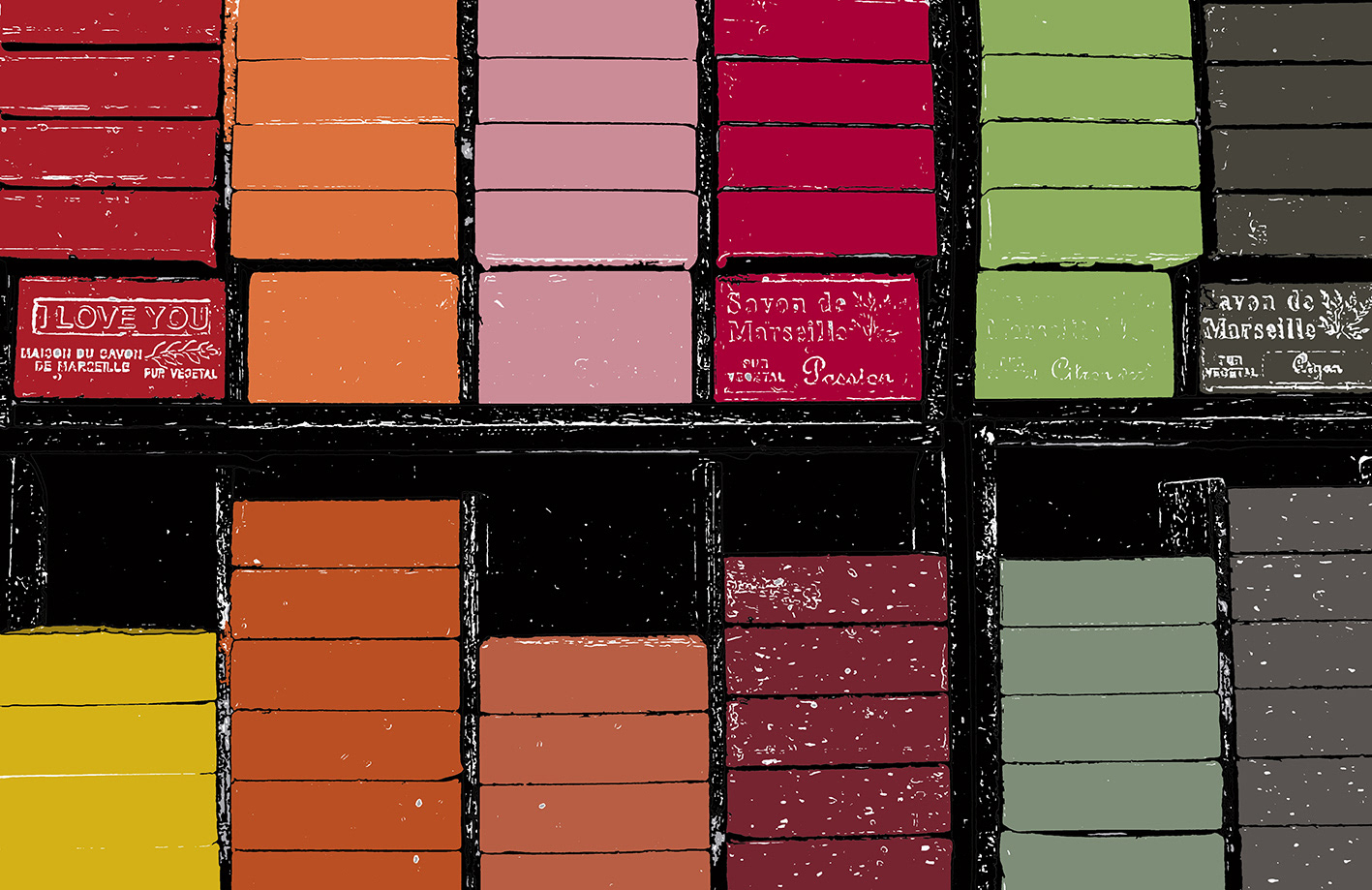 Fine art image of colorful Savon de Marseille soaps from Provence, arranged in a graphic geometric composition.