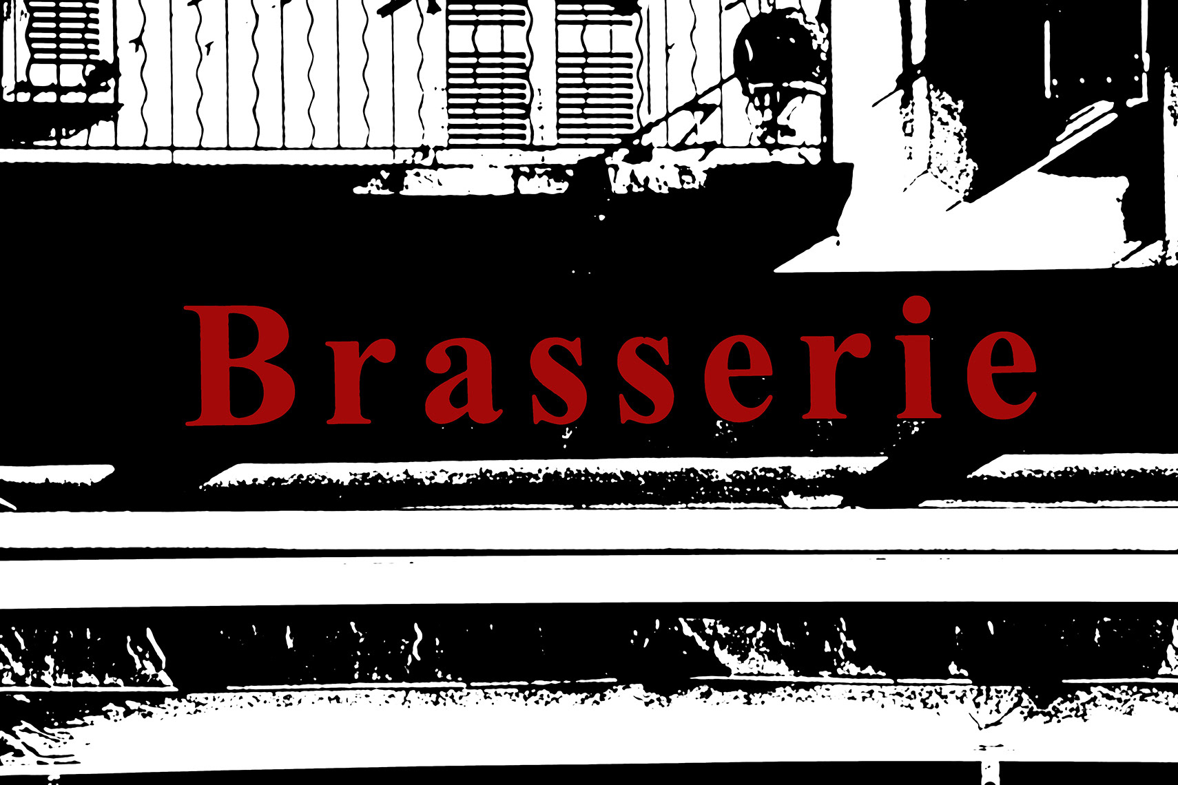 Artistic collage of a European brasserie café scene with vintage atmosphere, warm tones and urban street life aesthetic