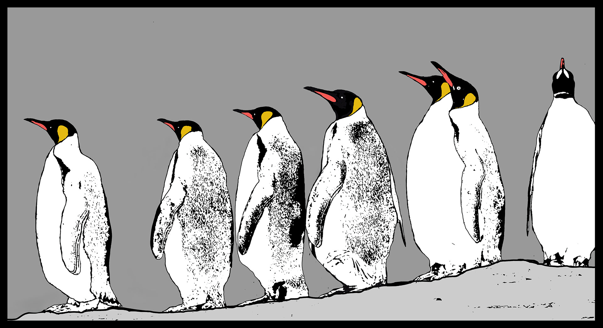 Stylized fine art image of a group of penguins standing on ice in Antarctica, shown in soft grey, black, white and orange tones.
