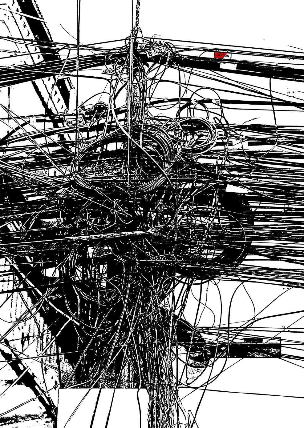 Black and white abstract urban cable network with red caution sign, modern industrial art printAbstract black and white urban art print featuring a chaotic network of cables and a striking red caution sign. This modern industrial composition captures the complexity of city infrastructure and transforms it into a powerful visual statement. Perfect for contemporary interiors, loft spaces, and minimalist design lovers.