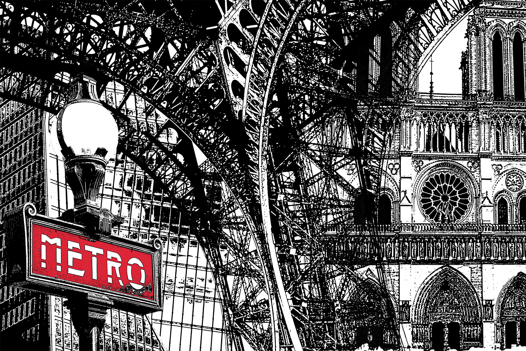 Metro - artistic collage of a Parisian subway scene with metro sign, Eiffel Tower, and Notre dame details- urban black - and - white aesthetic, nostalgic European atmosphere, vintage fine art composition.