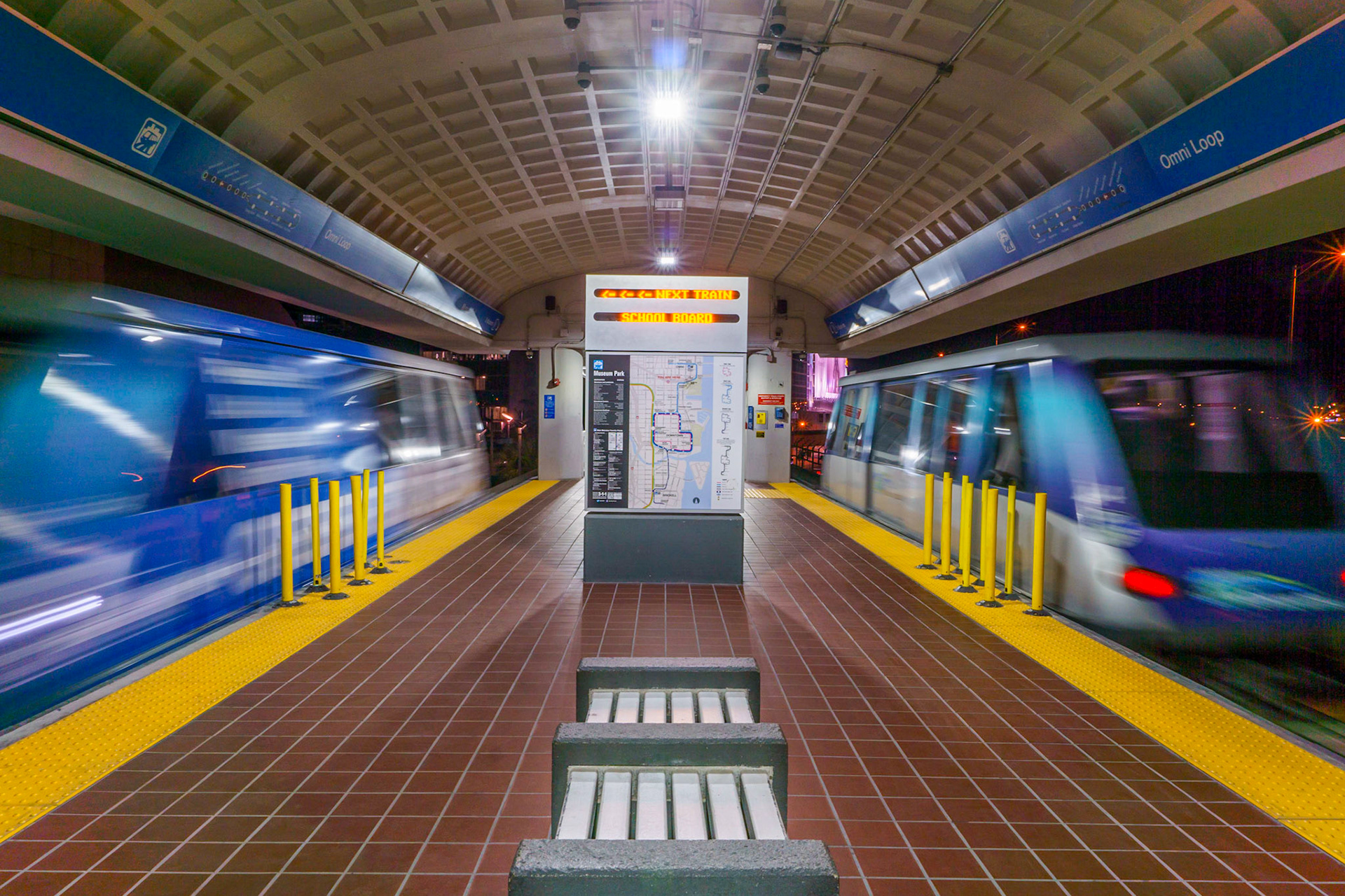 Metromovers at a station in downtown Miami