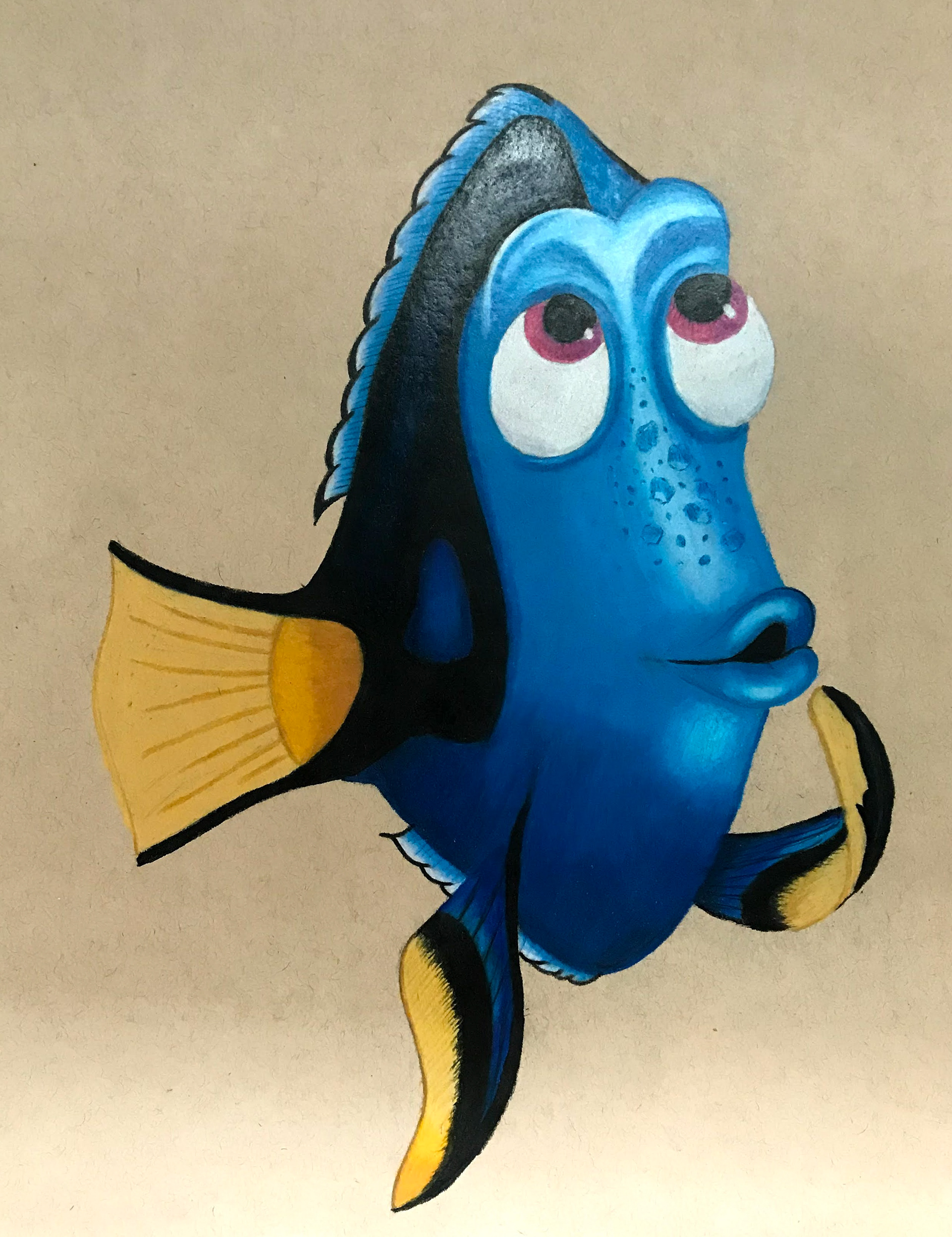 Disney's Dory from Finding Nemo created using colored pencils and strathmore toned tan paper